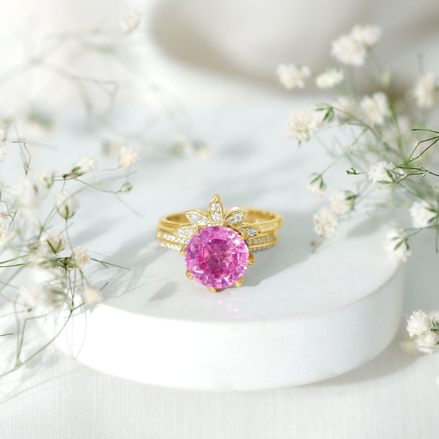 Floral Inspired Lab Grown Pink Sapphire Bridal Wedding Ring Set With Moissanite