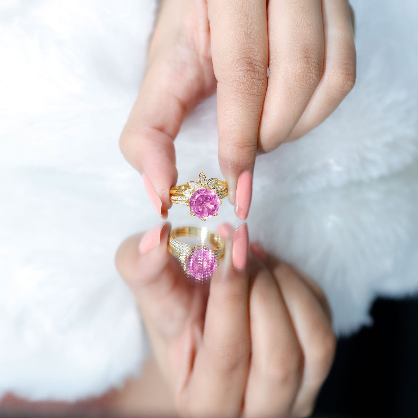 Floral Inspired Lab Grown Pink Sapphire Bridal Wedding Ring Set With Moissanite