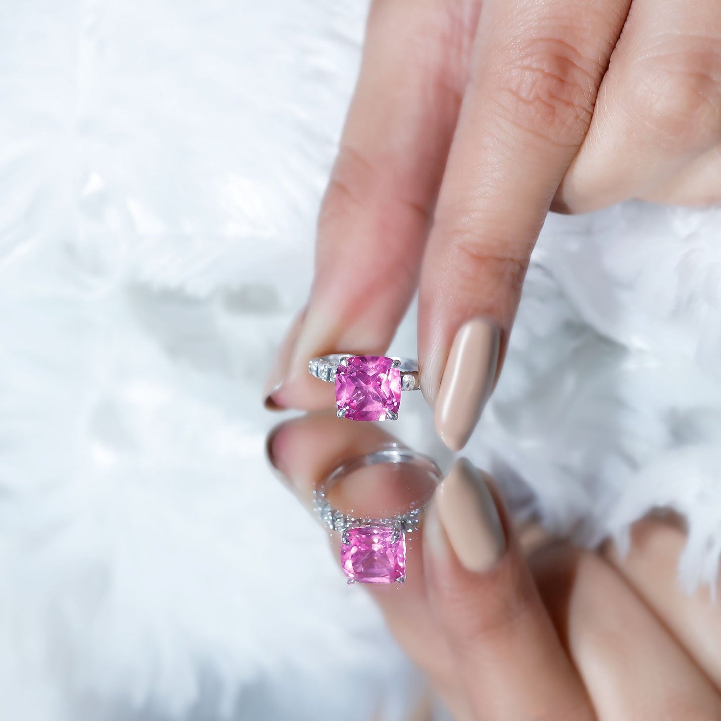 2.75 Carat Cushion Cut Lab Created Pink Sapphire Engagement Ring with Diamond