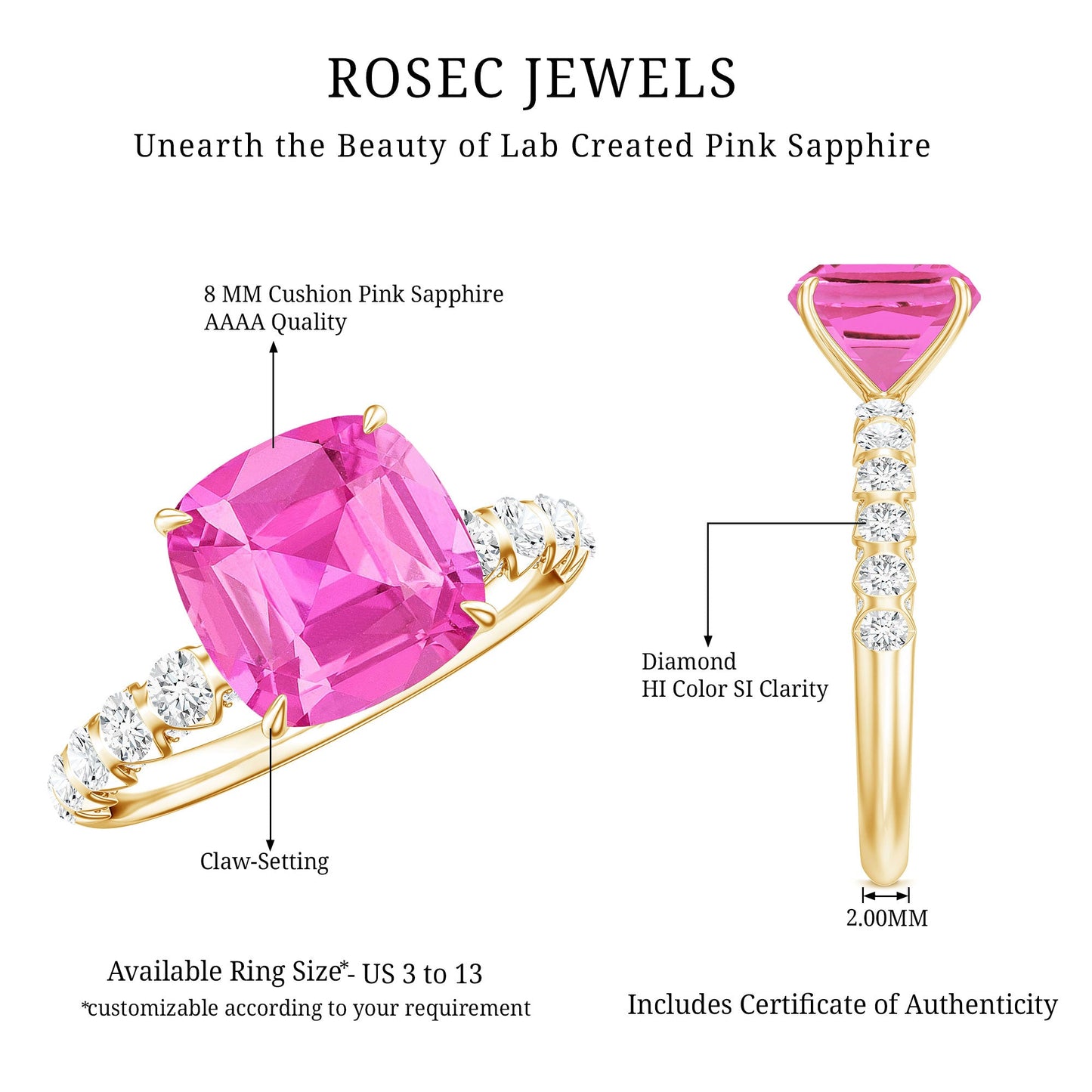 2.75 Carat Cushion Cut Lab Created Pink Sapphire Engagement Ring with Diamond