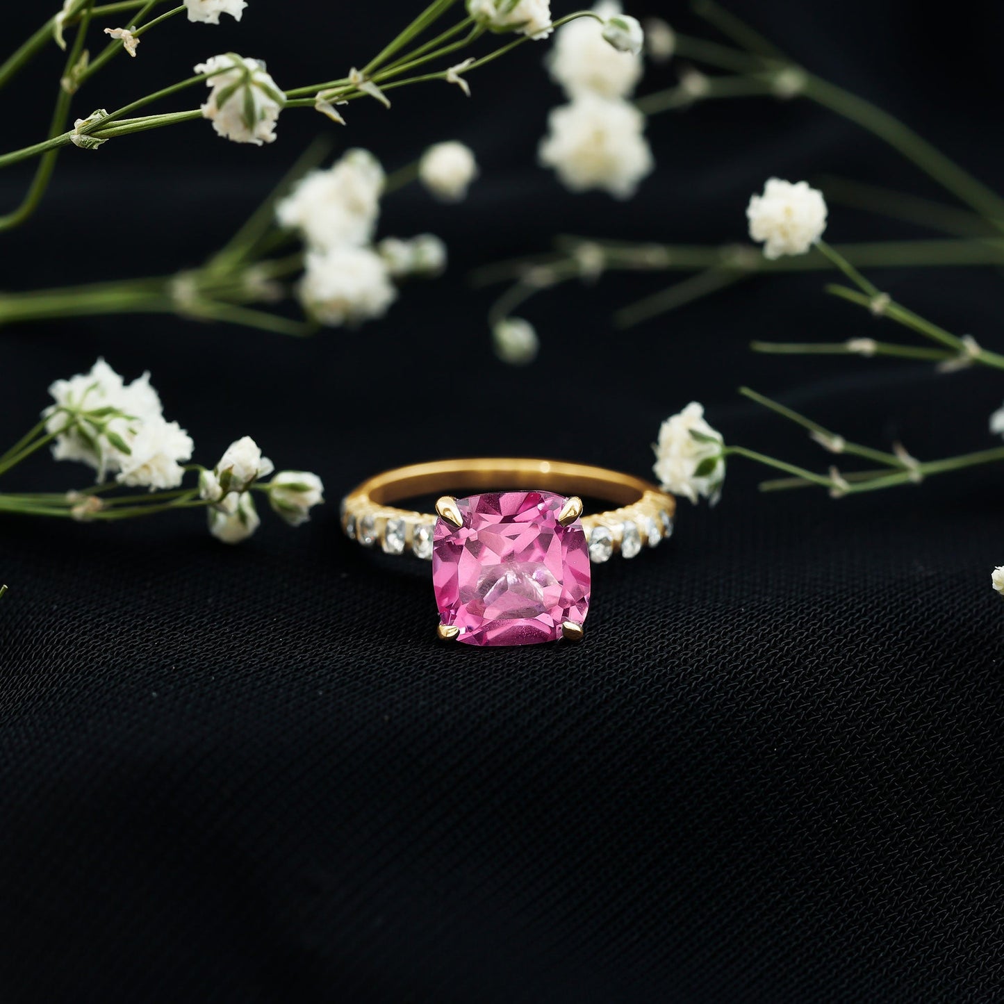 2.75 Carat Cushion Cut Lab Created Pink Sapphire Engagement Ring with Diamond