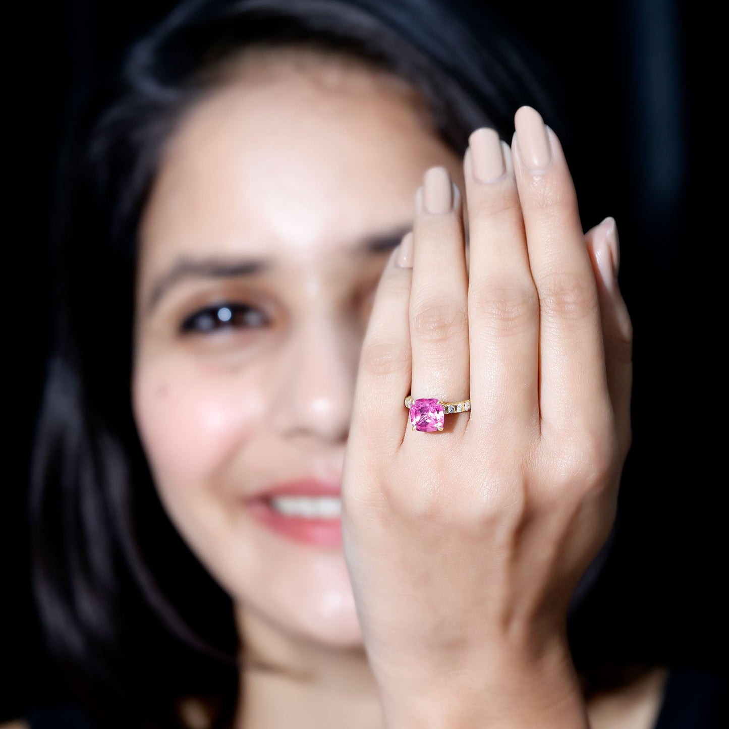 2.75 Carat Cushion Cut Lab Created Pink Sapphire Engagement Ring with Diamond