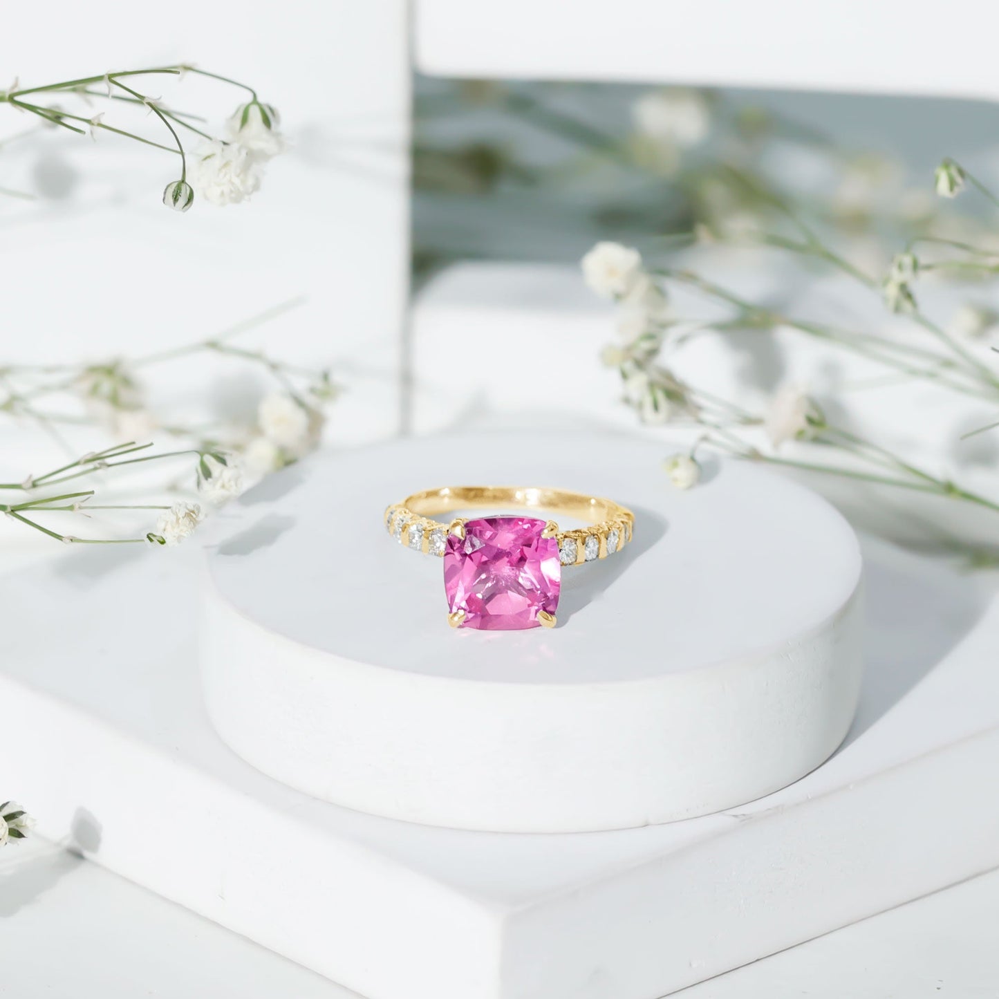2.75 Carat Cushion Cut Lab Created Pink Sapphire Engagement Ring with Diamond