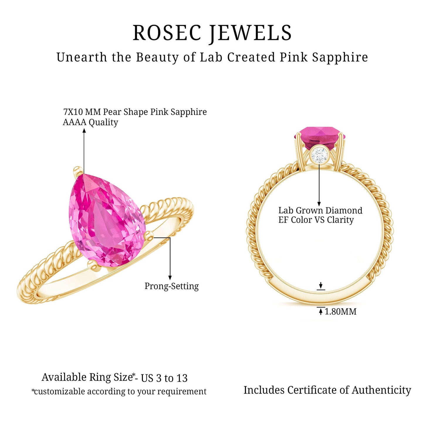 2.5 Carat Lab Created Pink Sapphire Teardrop Engagement Ring with Surprise Diamond