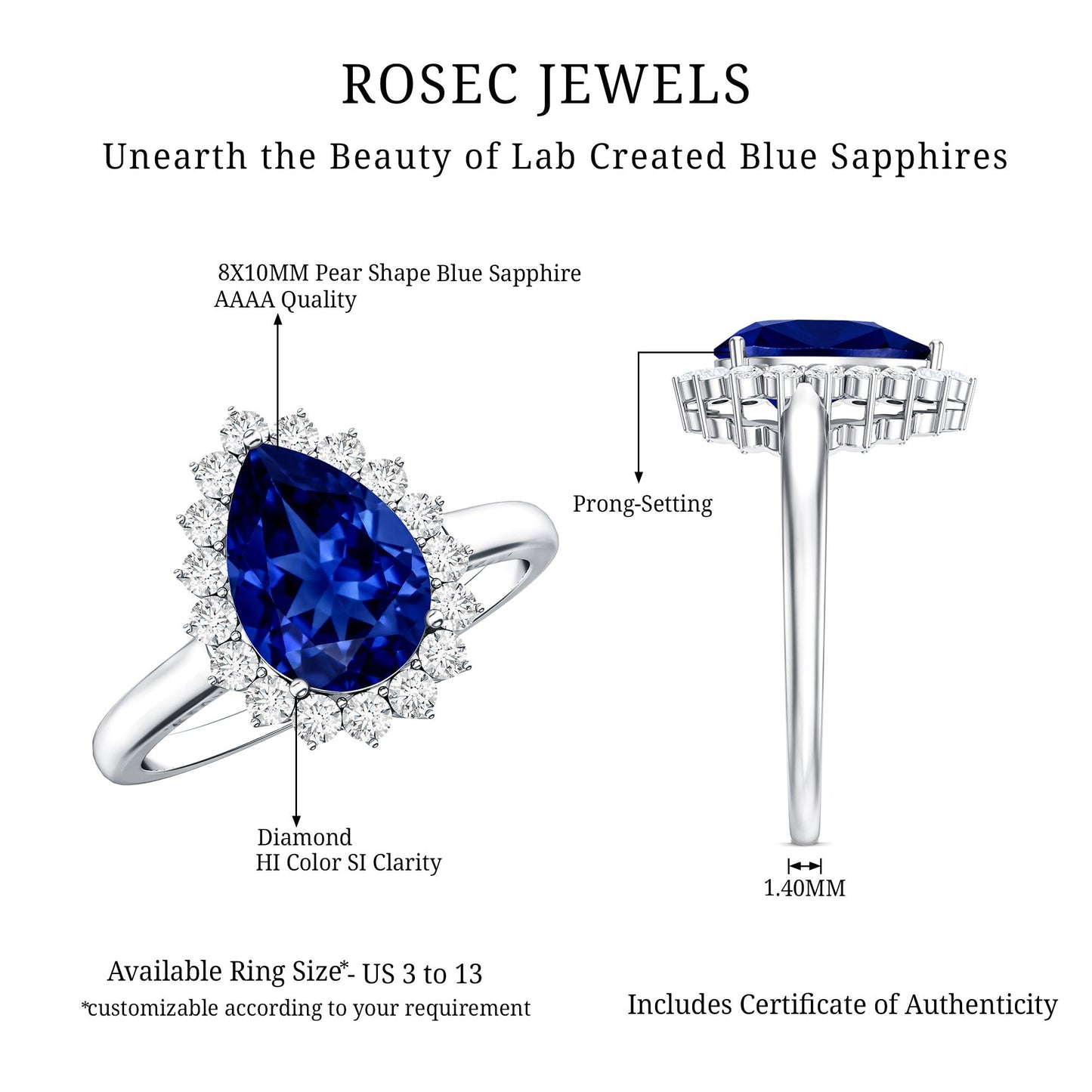 Certified 3.3 Carat Lab Grown Pear Shaped Blue Sapphire Engagement Ring with Diamond Halo