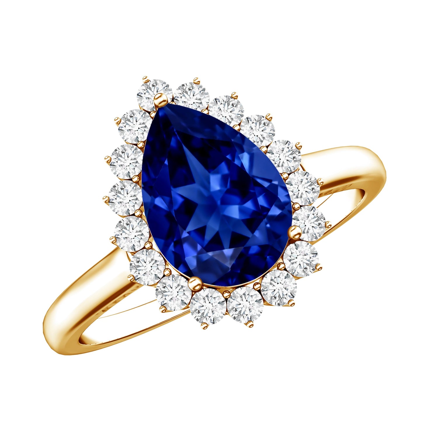 Certified 3.3 Carat Lab Grown Pear Shaped Blue Sapphire Engagement Ring with Diamond Halo