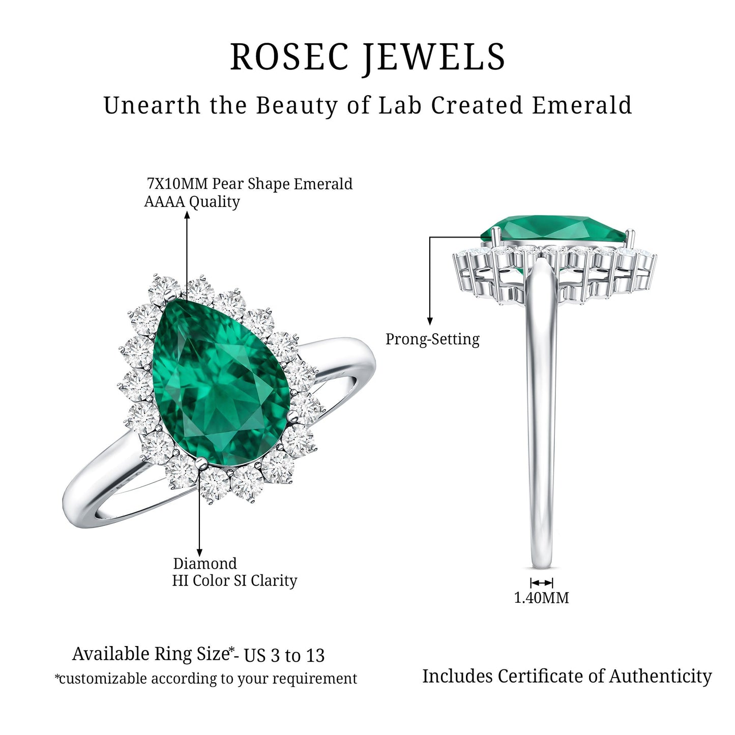 2 Carat Pear Cut Lab Created Emerald Halo Engagement Ring with Diamond