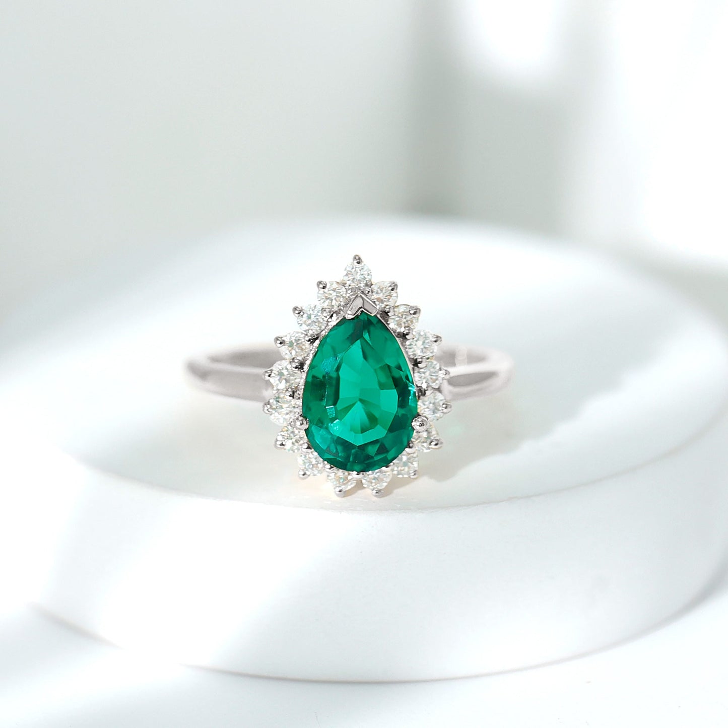 2 Carat Pear Cut Lab Created Emerald Halo Engagement Ring with Diamond