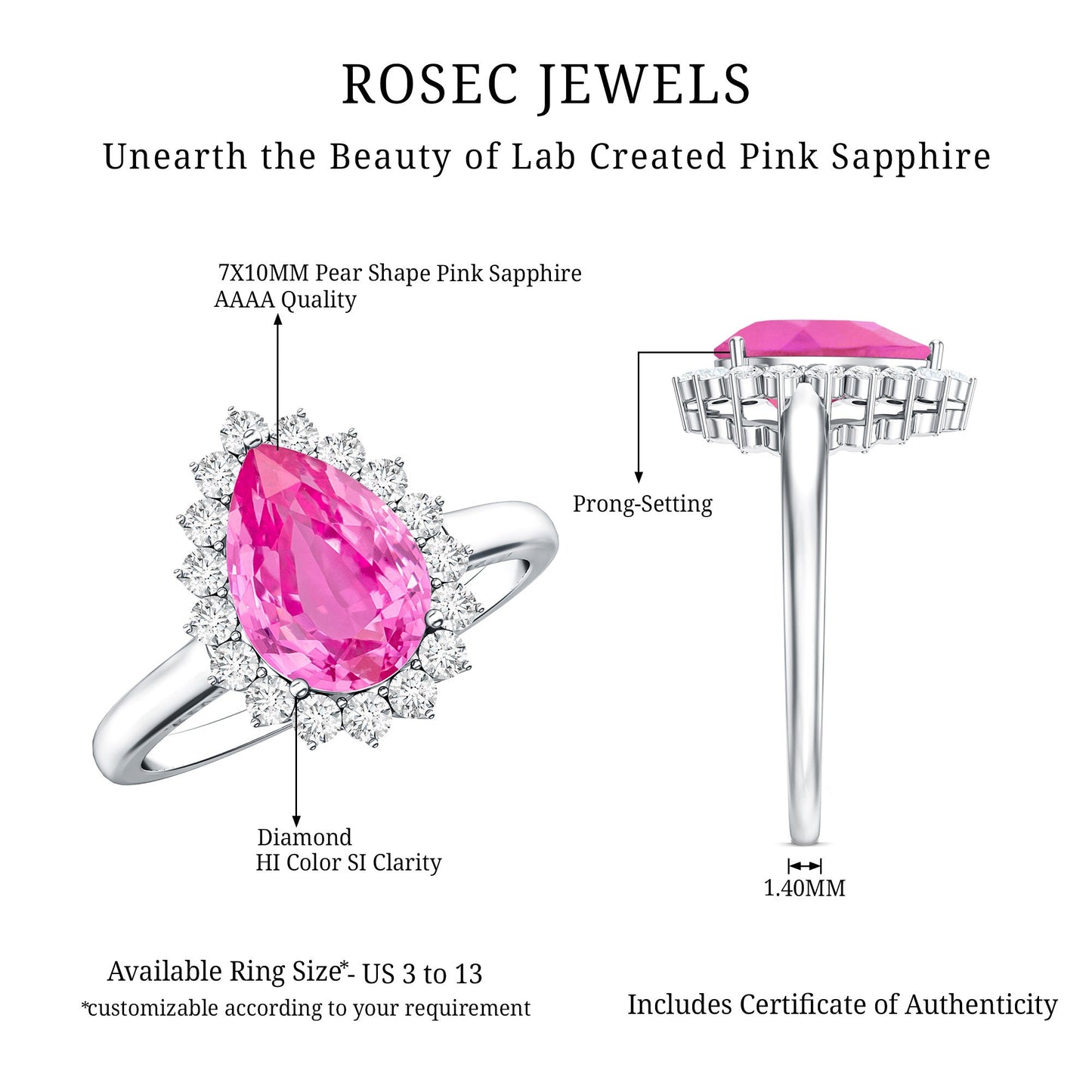 Pear Created Pink Sapphire and Diamond Halo Engagement Ring