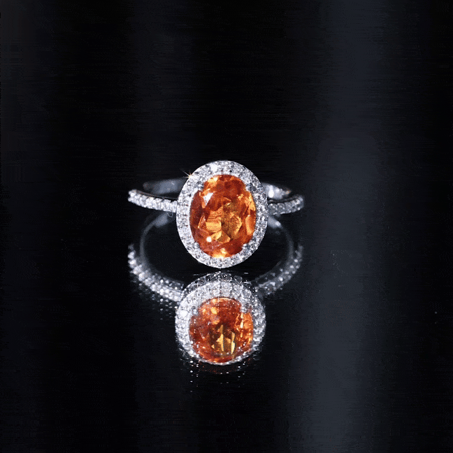 4 Carat Lab Grown Orange Sapphire Oval Engagement Ring with Diamond Halo