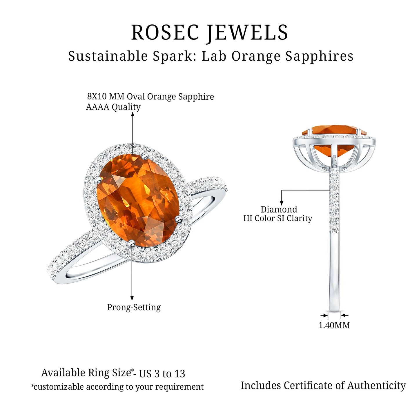 4 Carat Lab Grown Orange Sapphire Oval Engagement Ring with Diamond Halo