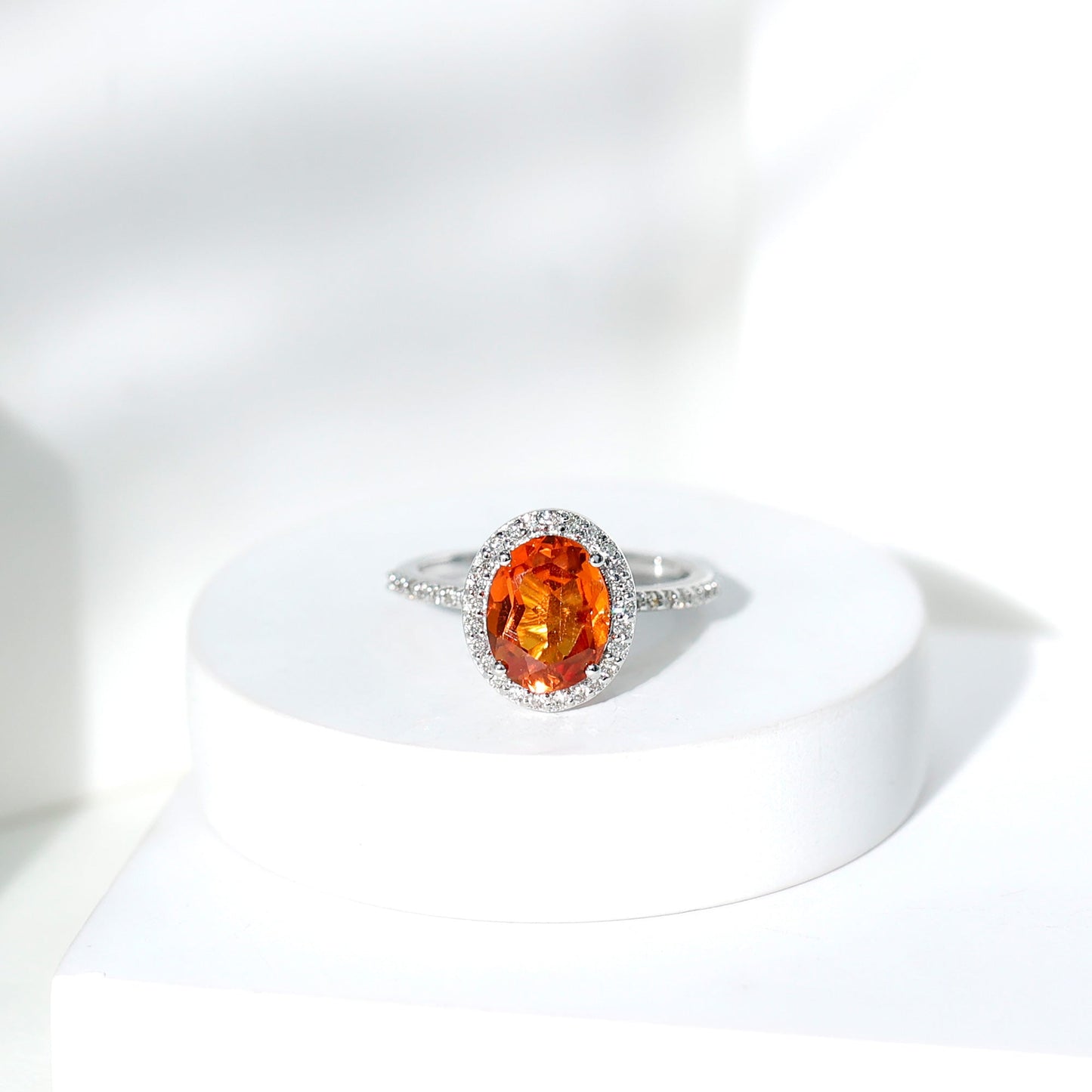 4 Carat Lab Grown Orange Sapphire Oval Engagement Ring with Diamond Halo
