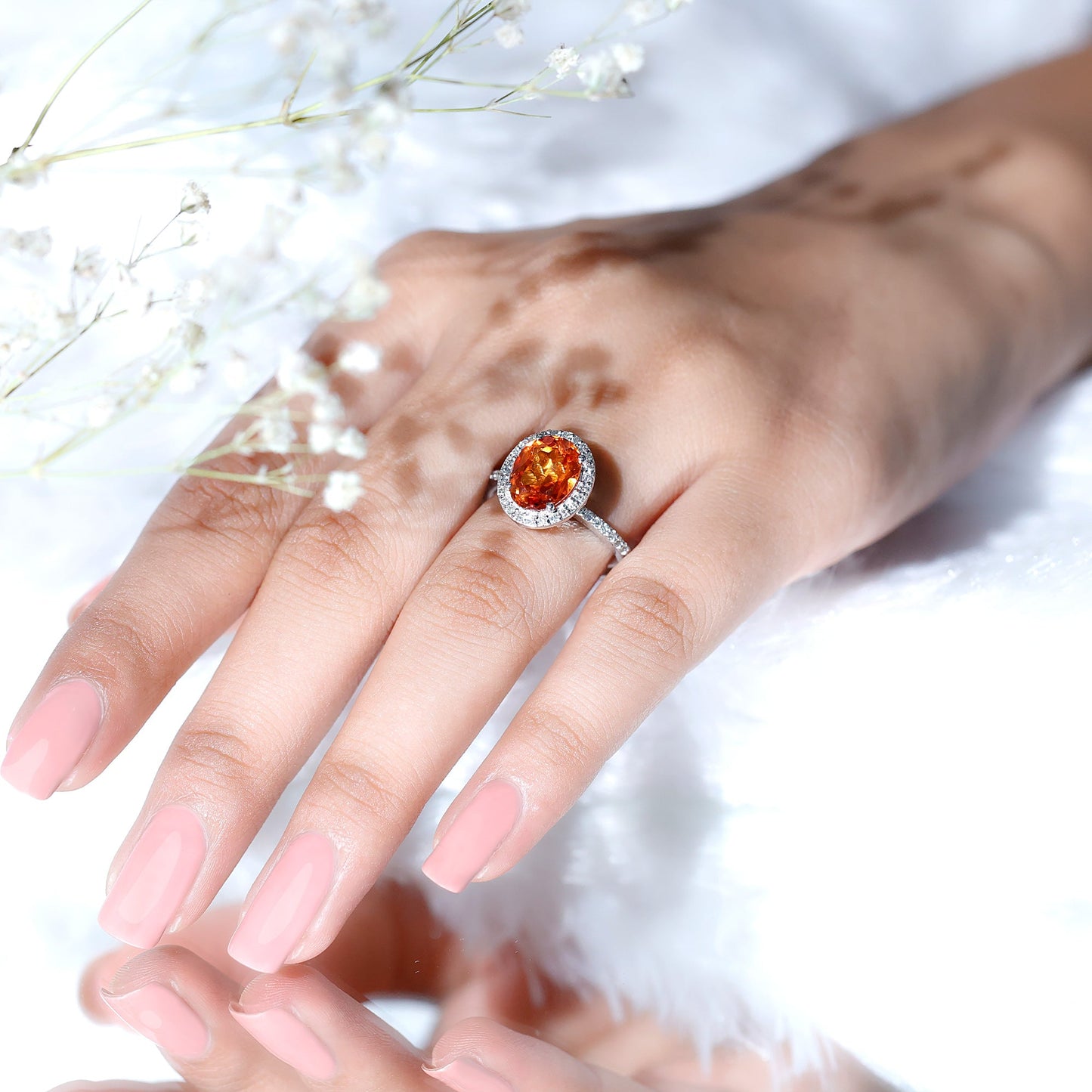 4 Carat Lab Grown Orange Sapphire Oval Engagement Ring with Diamond Halo