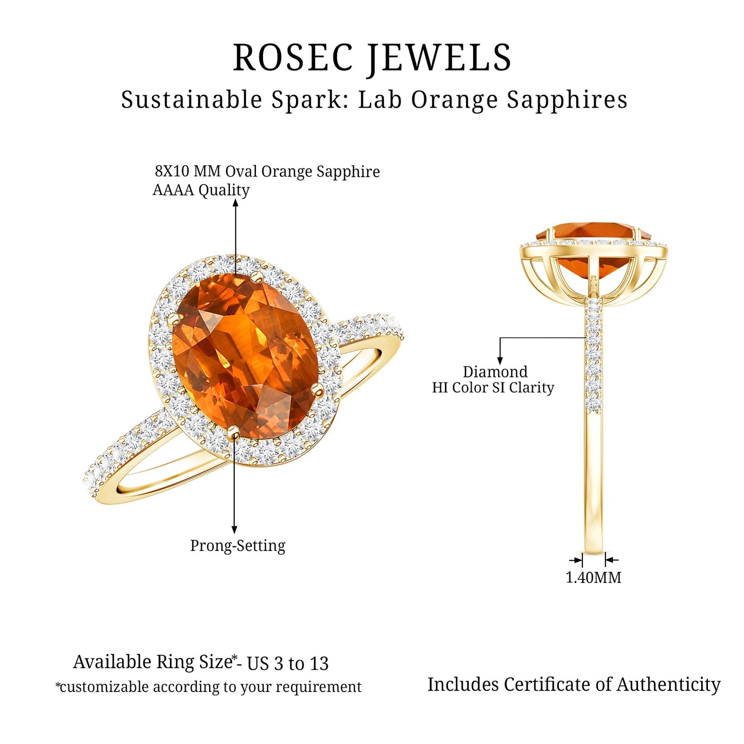 4 Carat Lab Grown Orange Sapphire Oval Engagement Ring with Diamond Halo