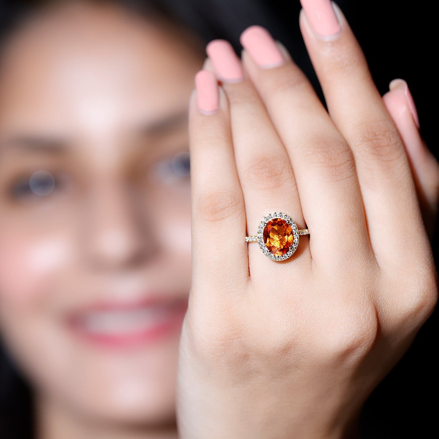 4 Carat Lab Grown Orange Sapphire Oval Engagement Ring with Diamond Halo
