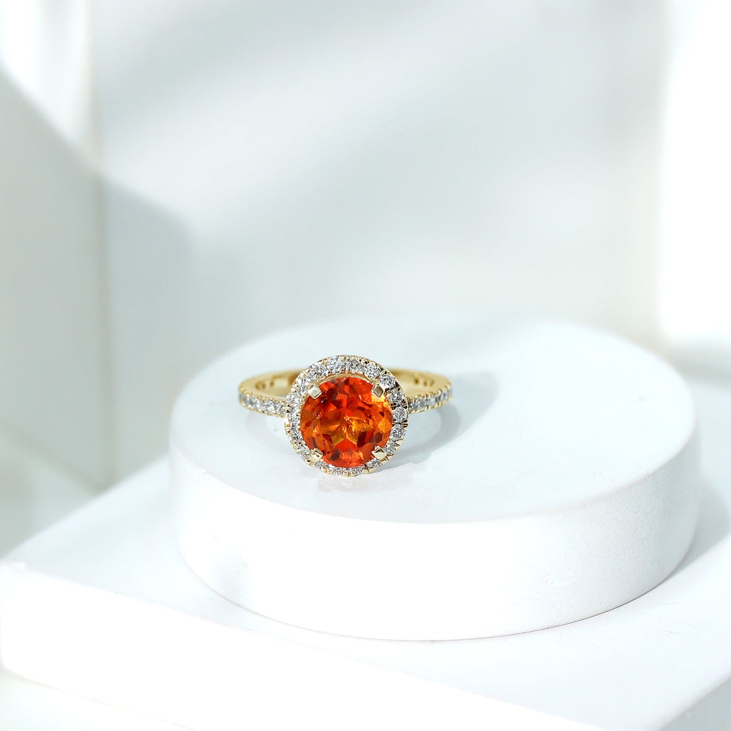 Certified 2.25 Carat Lab Grown Orange Sapphire Engagement Ring with Diamond Halo