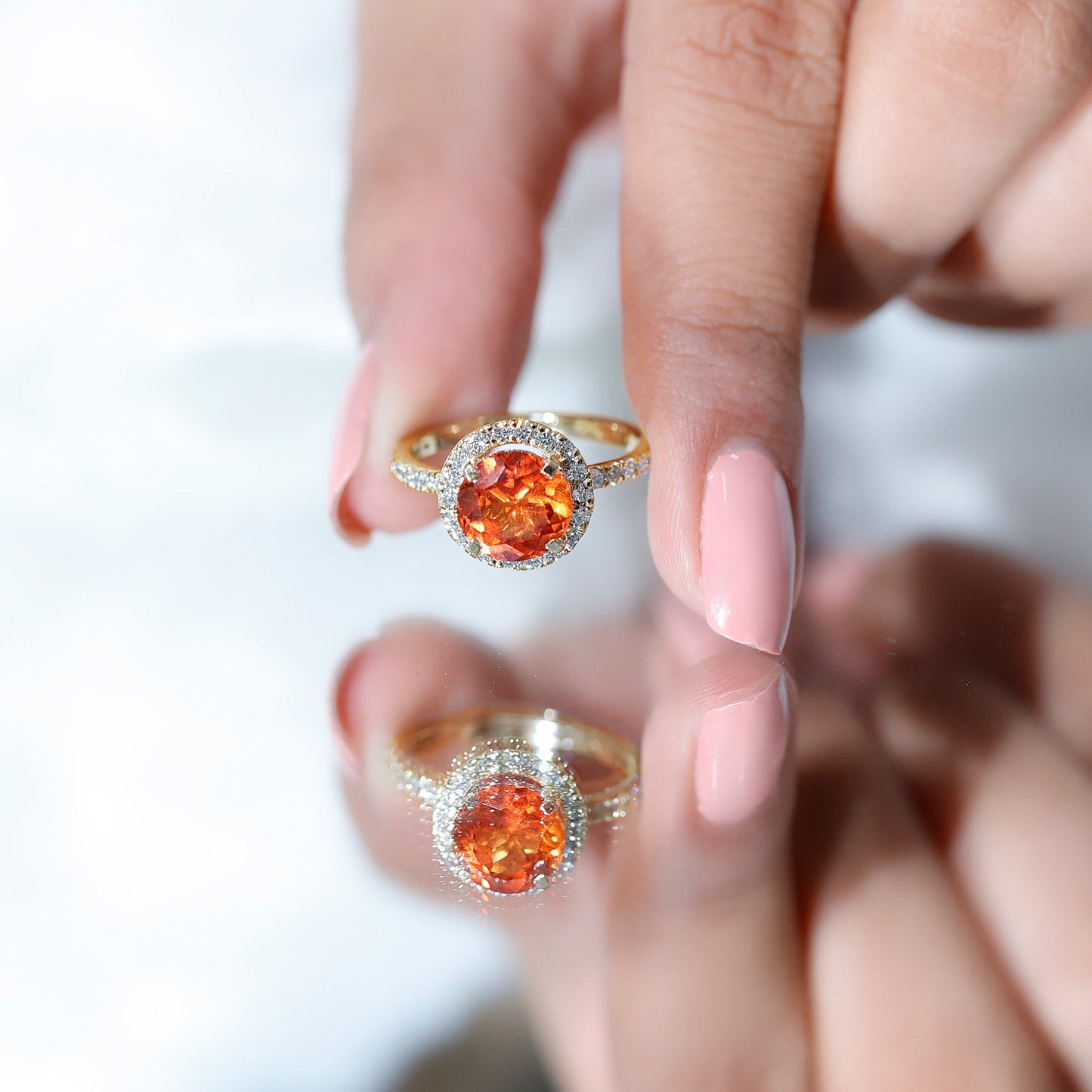 Certified 2.25 Carat Lab Grown Orange Sapphire Engagement Ring with Diamond Halo