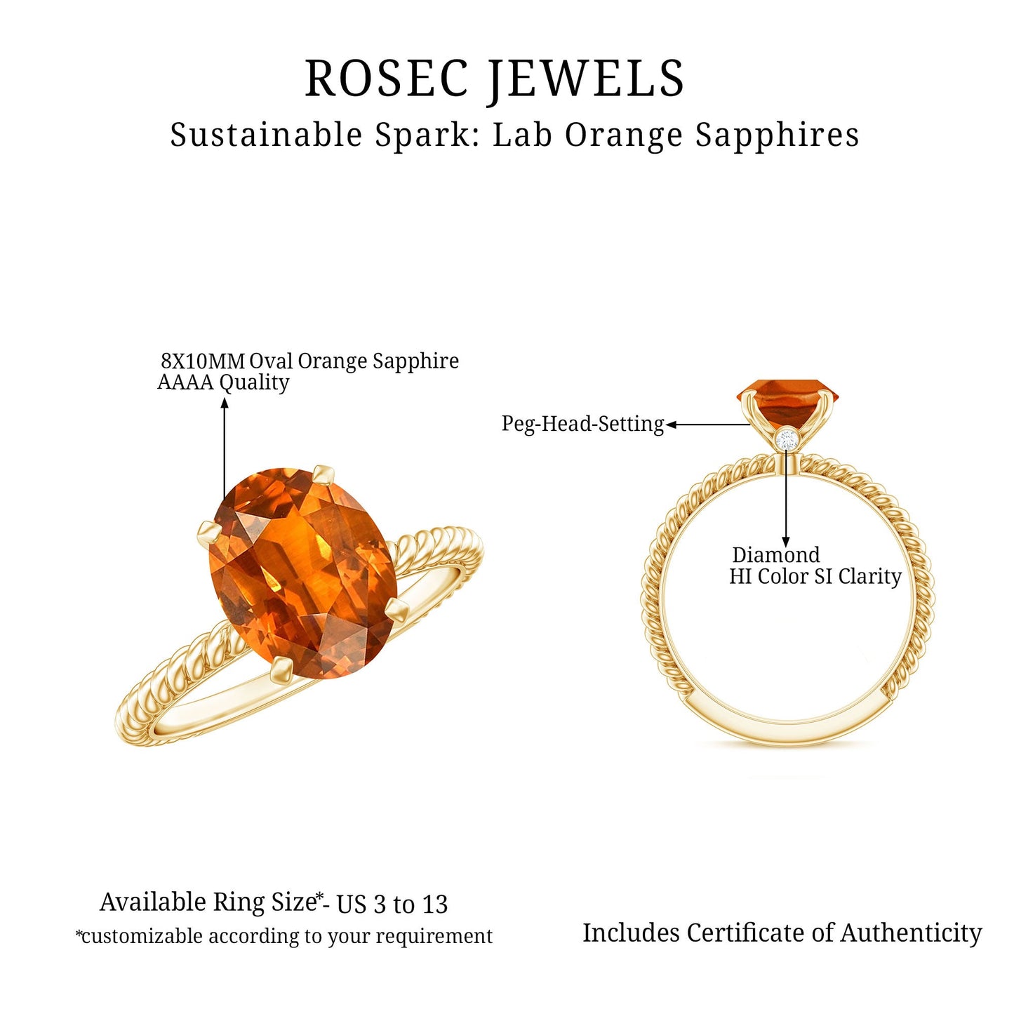 4 Carat Lab Grown Orange Sapphire Engagement Ring with Diamond
