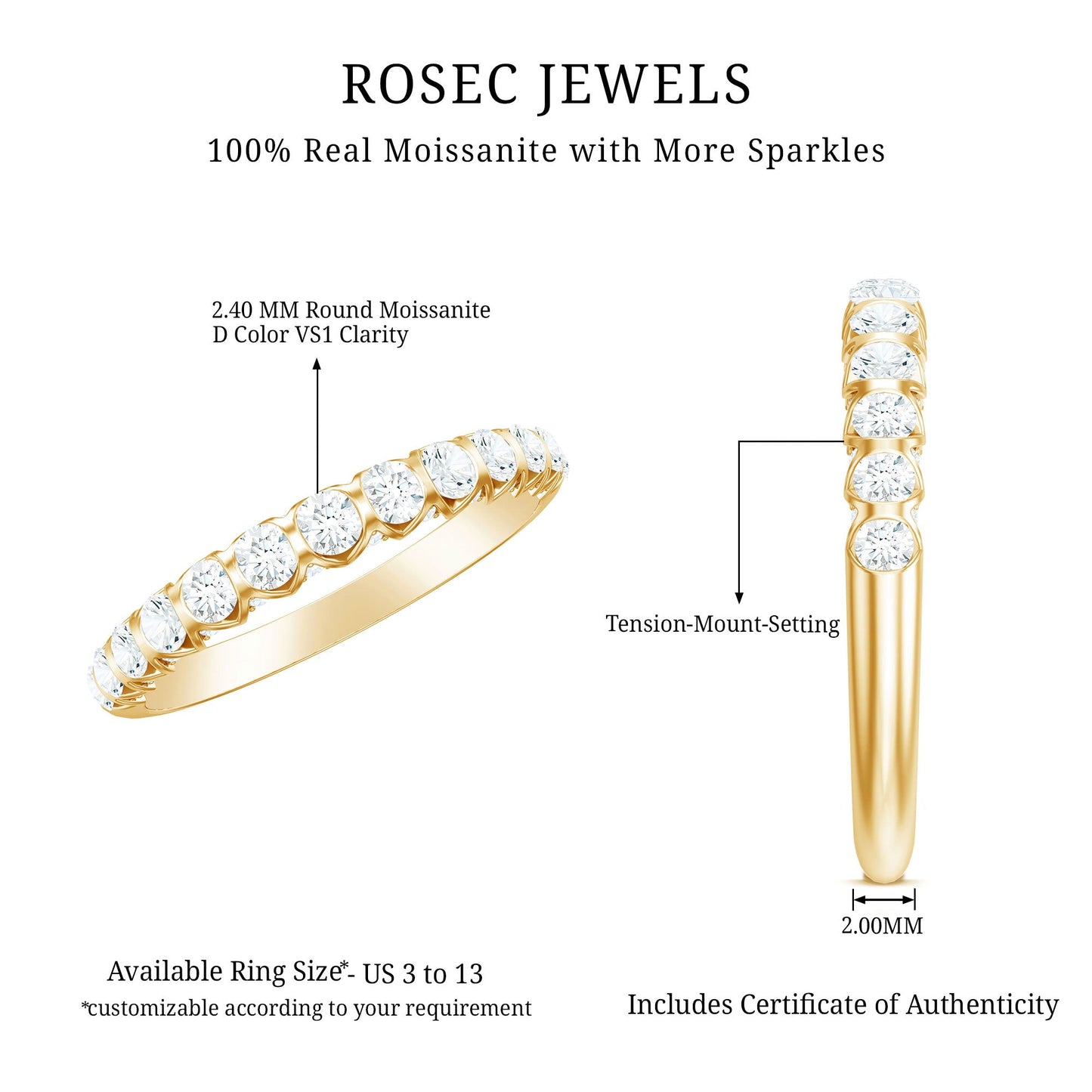 Certified Round Moissanite Half Eternity Wedding Band