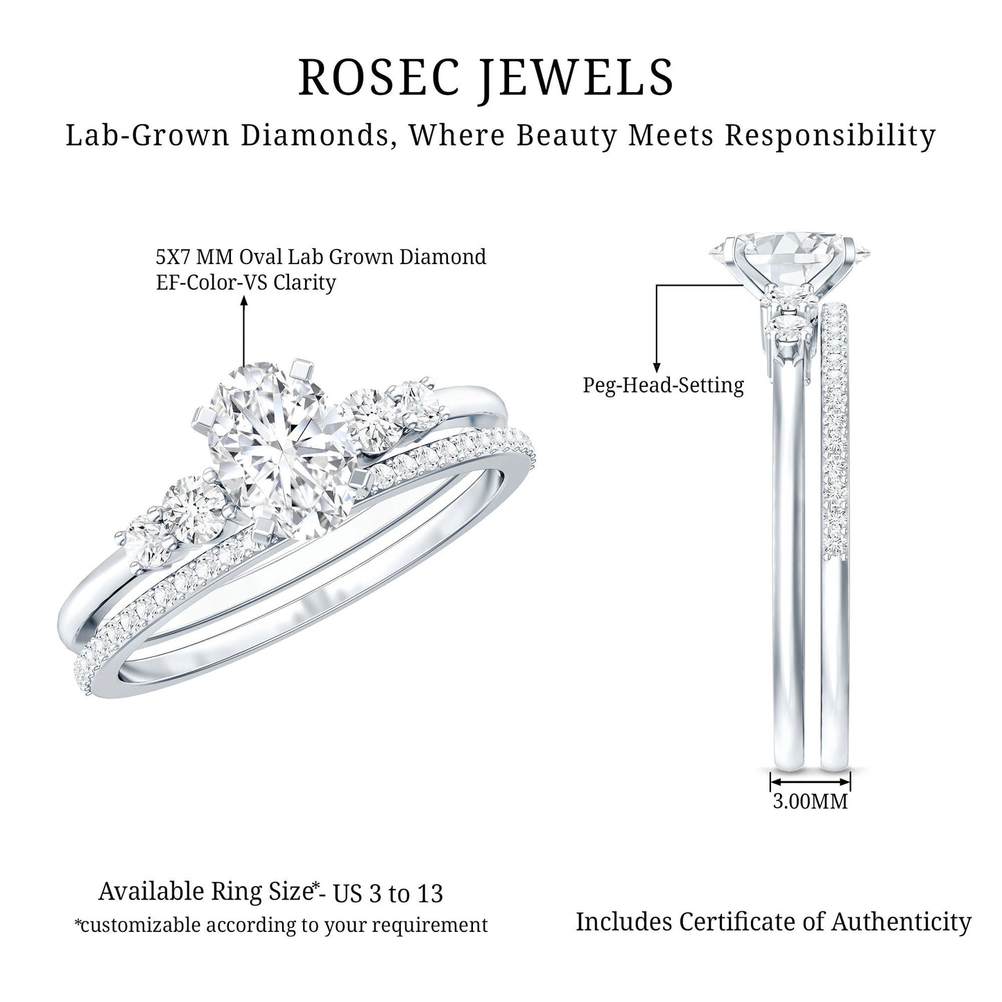 Certified 0.75 Carat Oval Lab Grown Diamond Wedding Bridal Ring Set