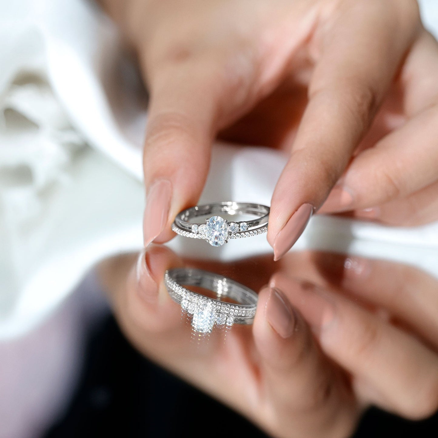 Certified 0.75 Carat Oval Lab Grown Diamond Wedding Bridal Ring Set