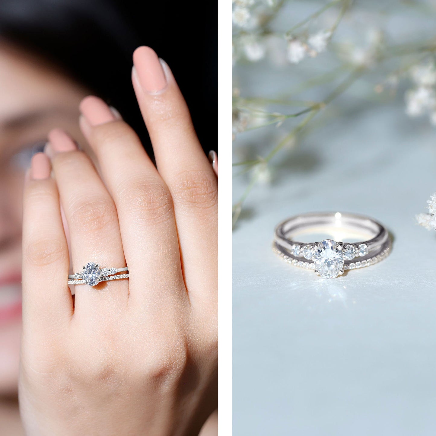 Certified 0.75 Carat Oval Lab Grown Diamond Wedding Bridal Ring Set