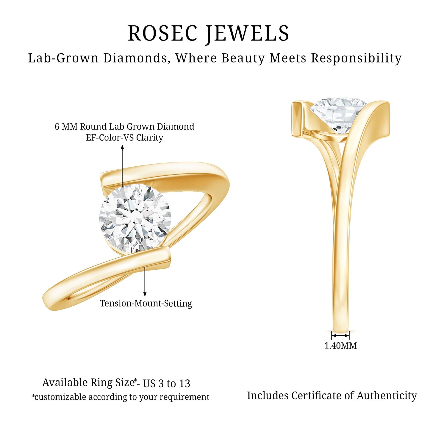 Certified 0.9 Carat Lab Grown Diamond Tension Setting Engagement Ring