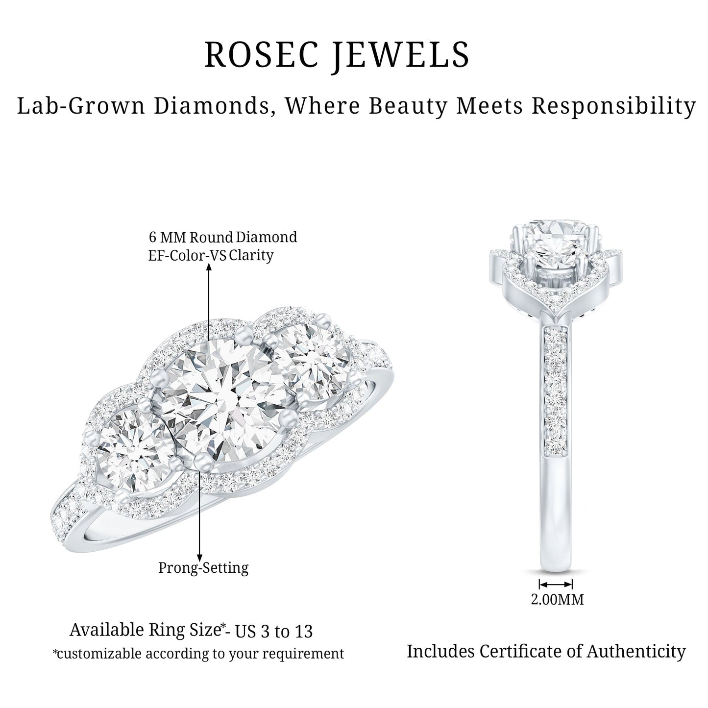 Certified Lab Grown Diamond 3 Stone Engagement Ring