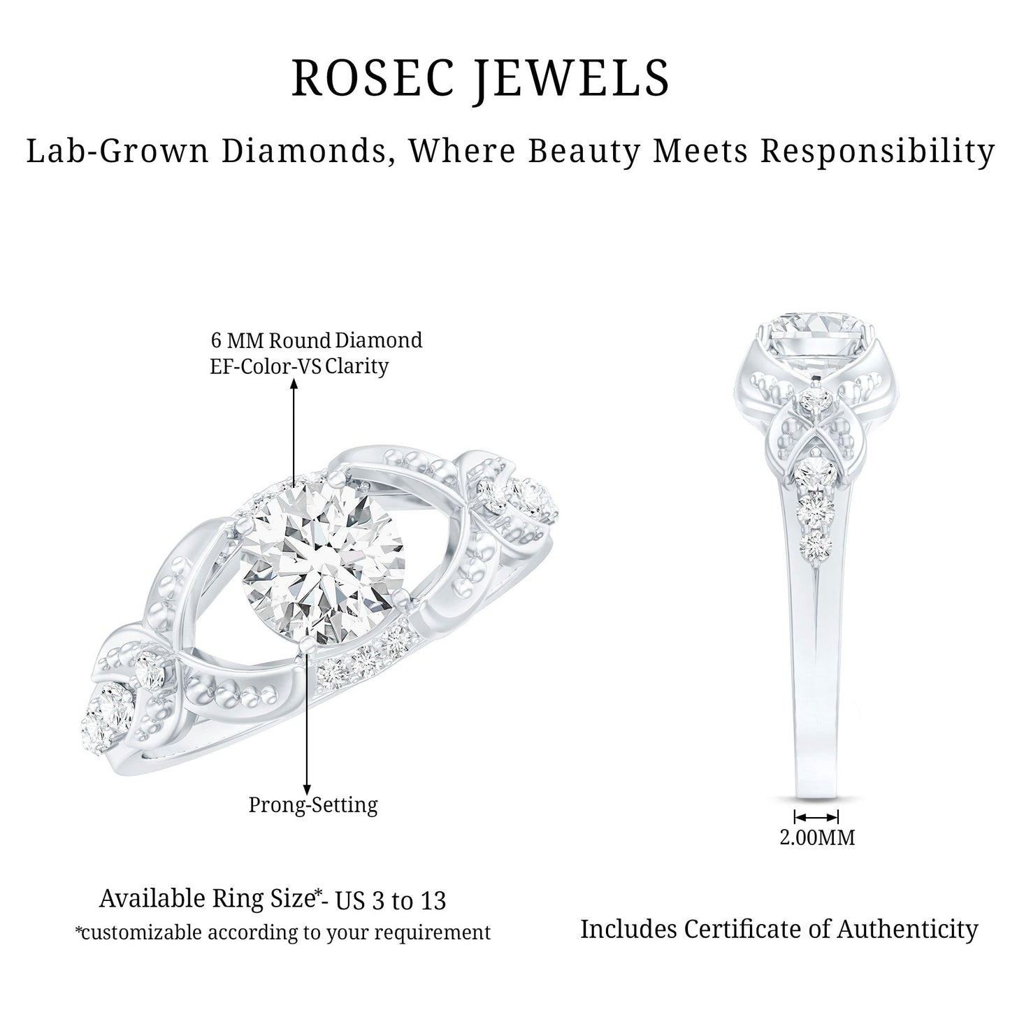 Certified 0.9 Carat Lab Grown Diamond Vintage Inspired Engagement Ring
