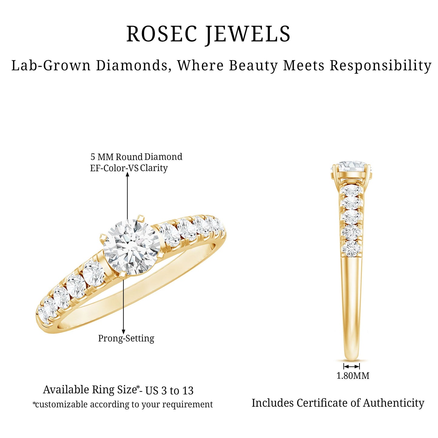 Lab Grown Diamond Classic Engagement Ring With Side Stones