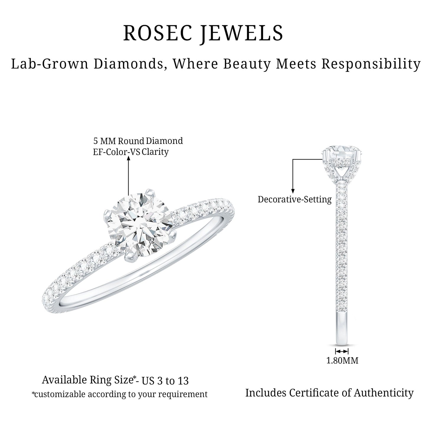 Lab Grown Diamond 0.4 Carat Solitaire Engagement Ring with Side Stones