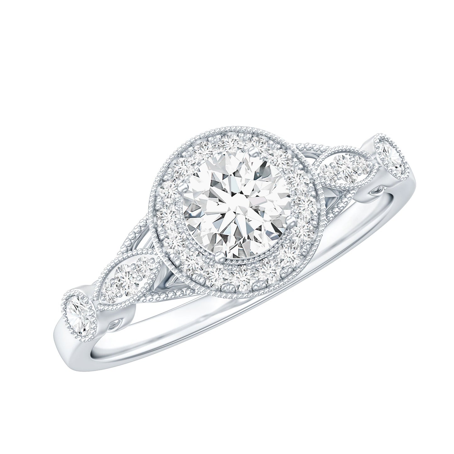 Vintage Looking 0.4 Carat Lab Grown Diamond Halo Engagement Ring With Side Stones