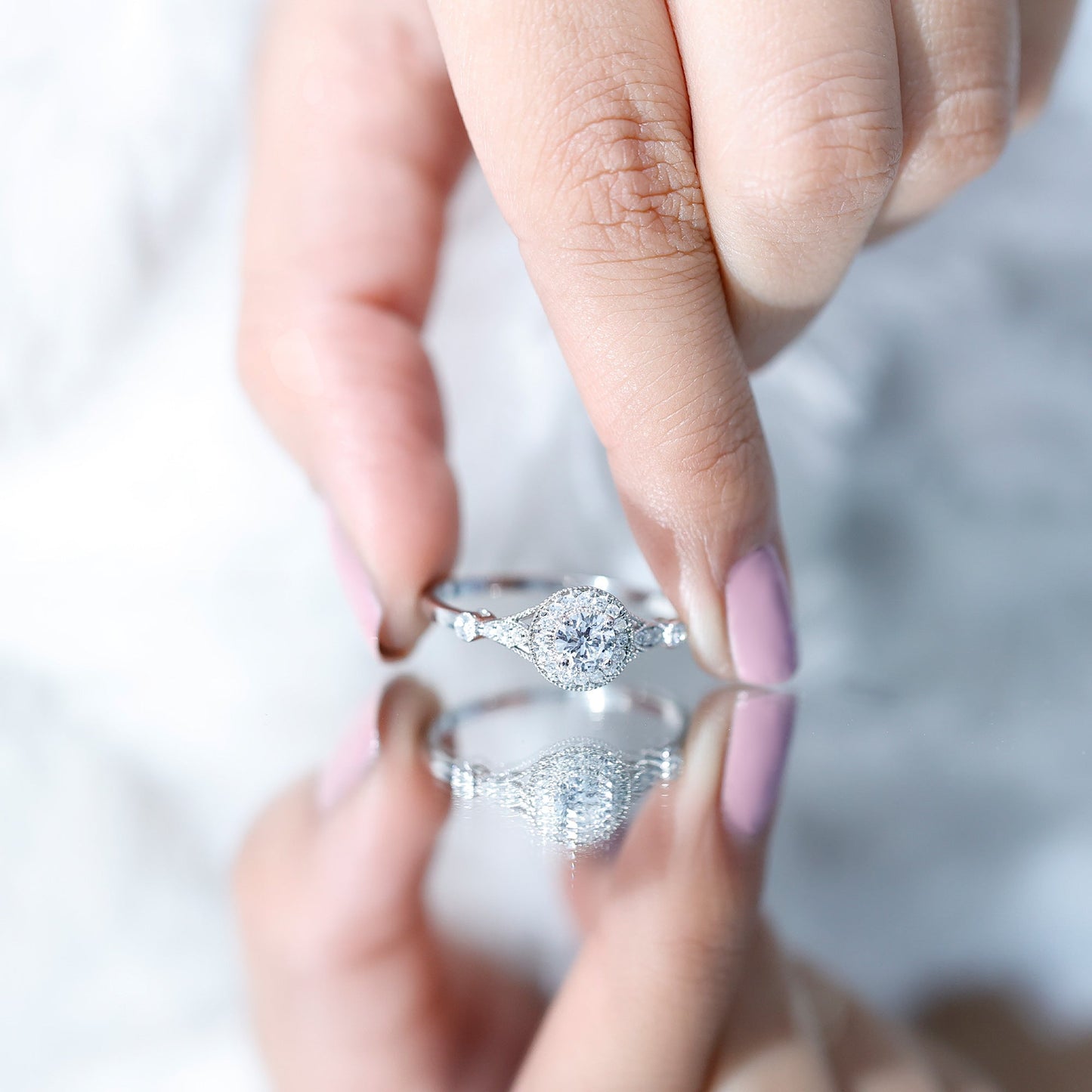 Vintage Looking 0.4 Carat Lab Grown Diamond Halo Engagement Ring With Side Stones