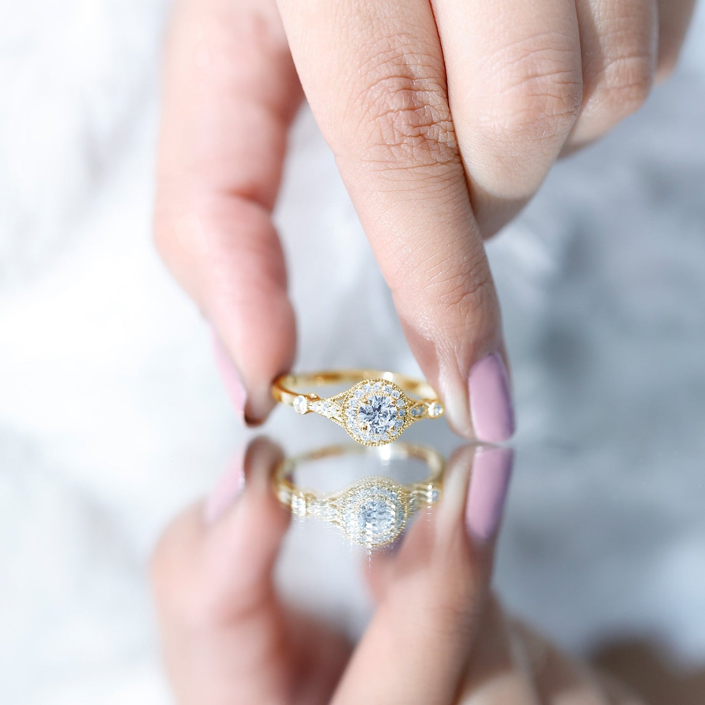 Vintage Looking 0.4 Carat Lab Grown Diamond Halo Engagement Ring With Side Stones