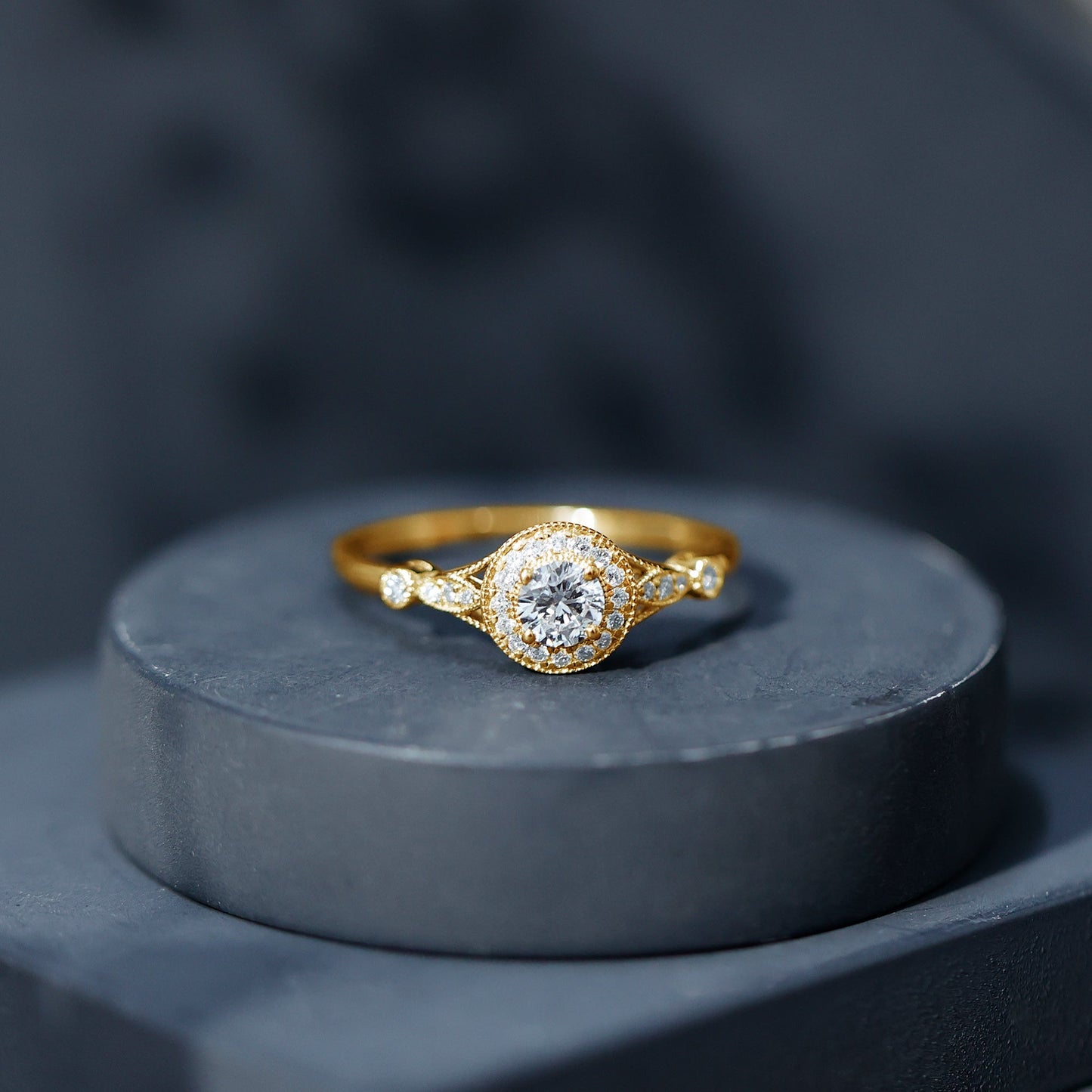 Vintage Looking 0.4 Carat Lab Grown Diamond Halo Engagement Ring With Side Stones