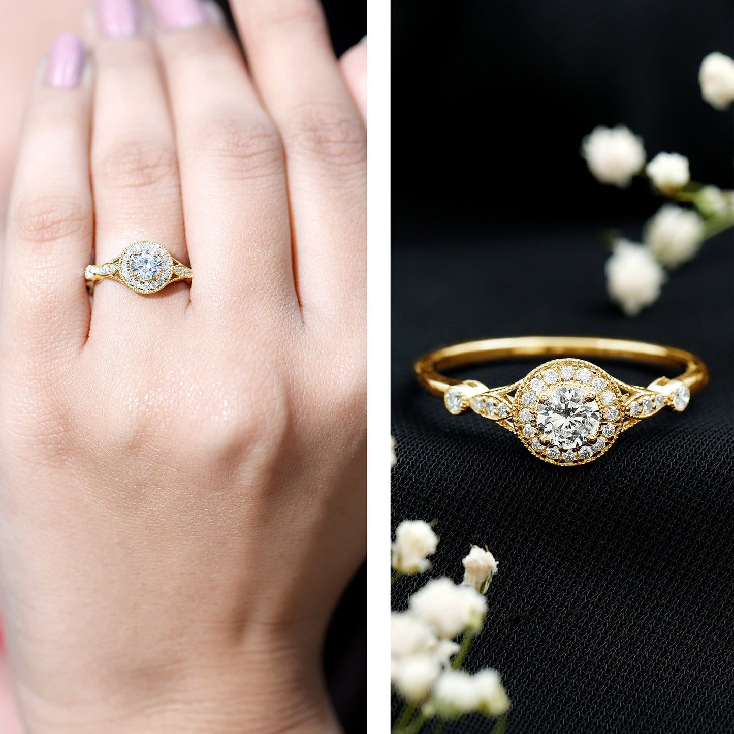 Vintage Looking 0.4 Carat Lab Grown Diamond Halo Engagement Ring With Side Stones