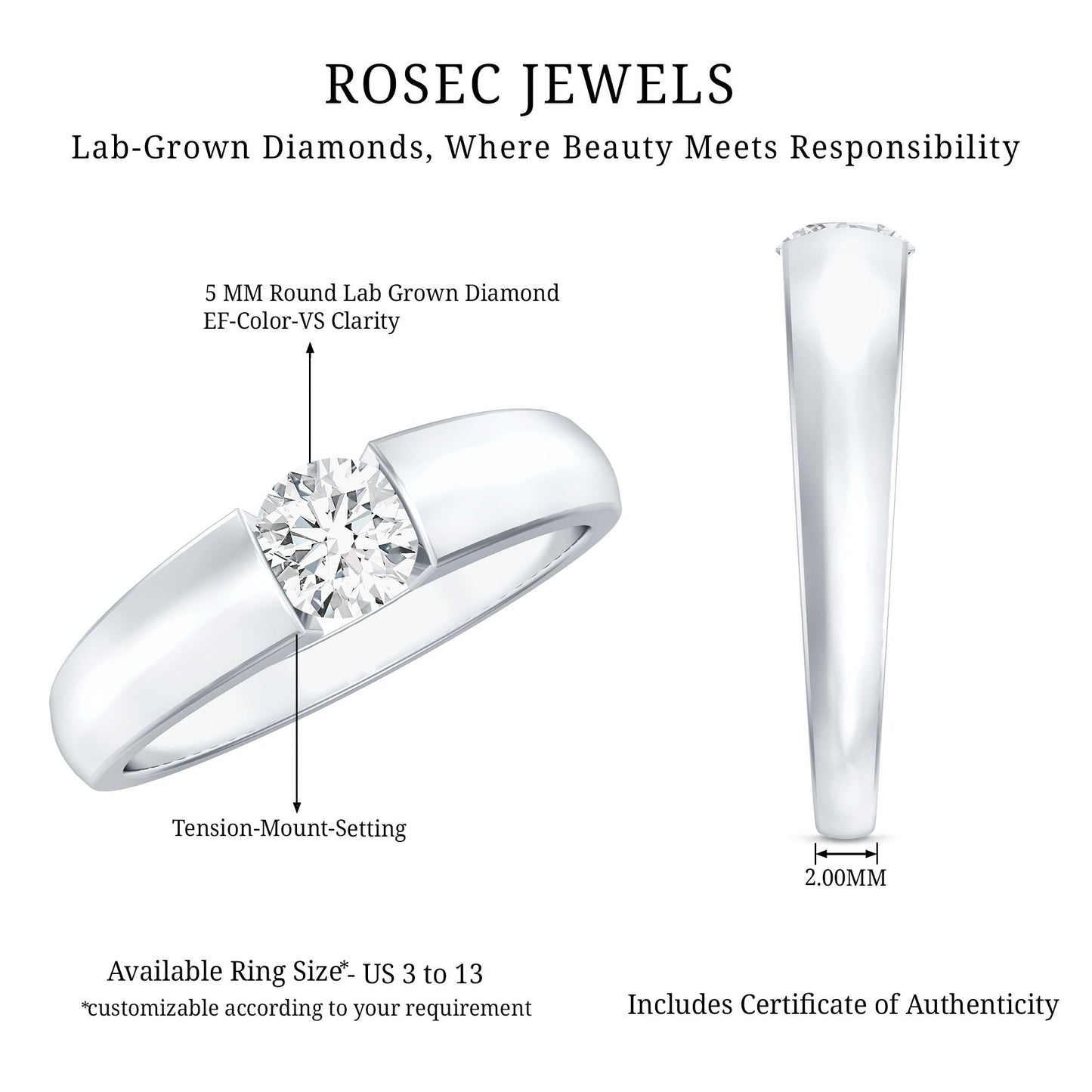 0.4 Carat Tension Mount Set Lab Grown Diamond Solitaire Band Ring