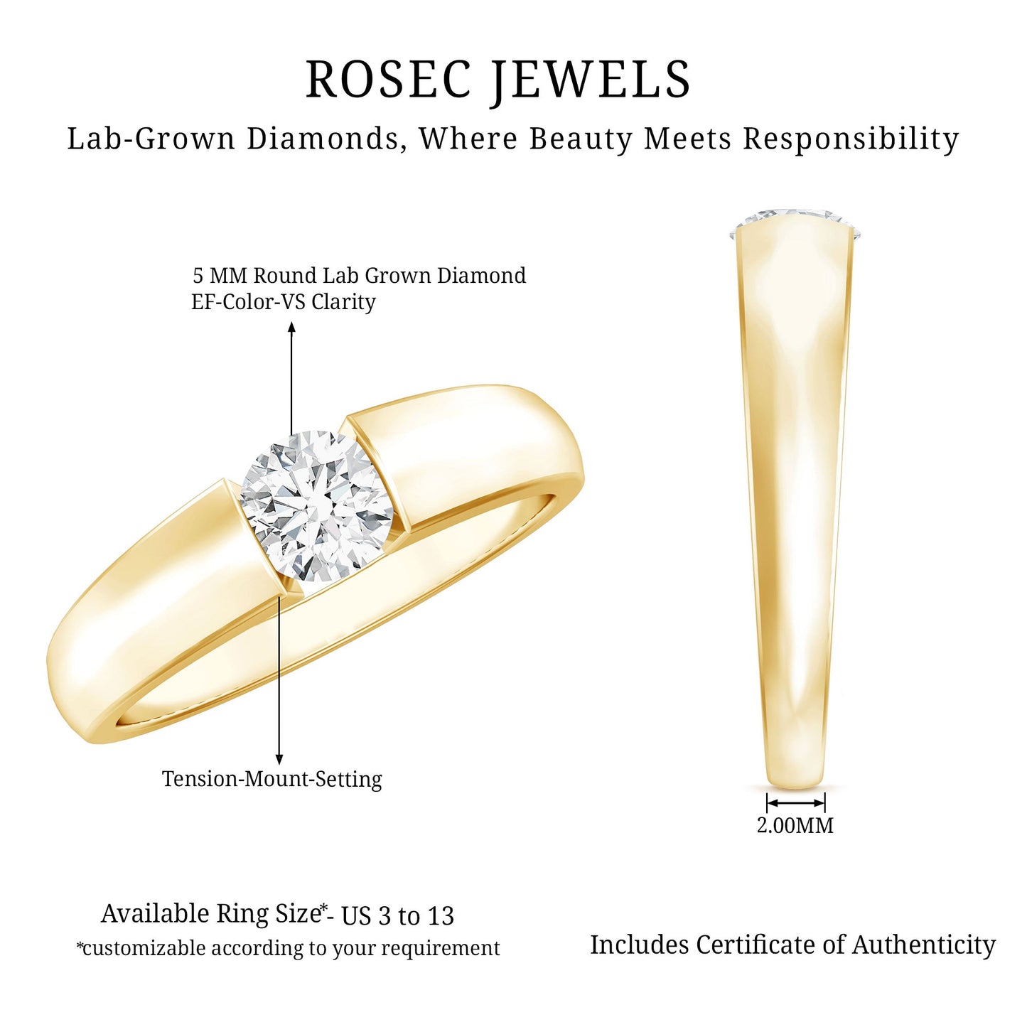 0.4 Carat Tension Mount Set Lab Grown Diamond Solitaire Band Ring