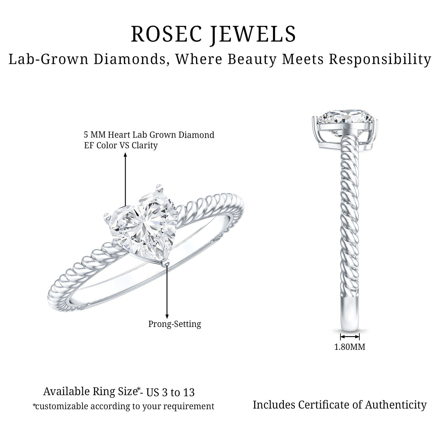 Certified 0.5 Carat Heart Lab Grown Diamond Solitaire Promise Ring