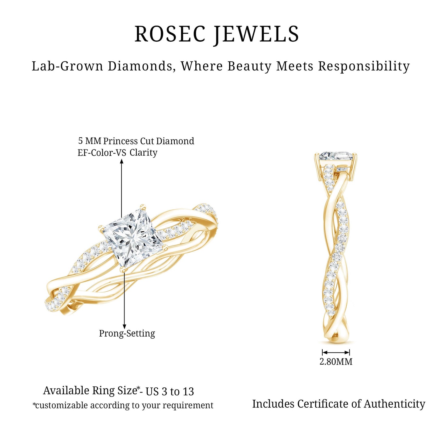 Certified 0.8 Carat Lab Grown Diamond Princess Cut Engagement Ring with Braided Band