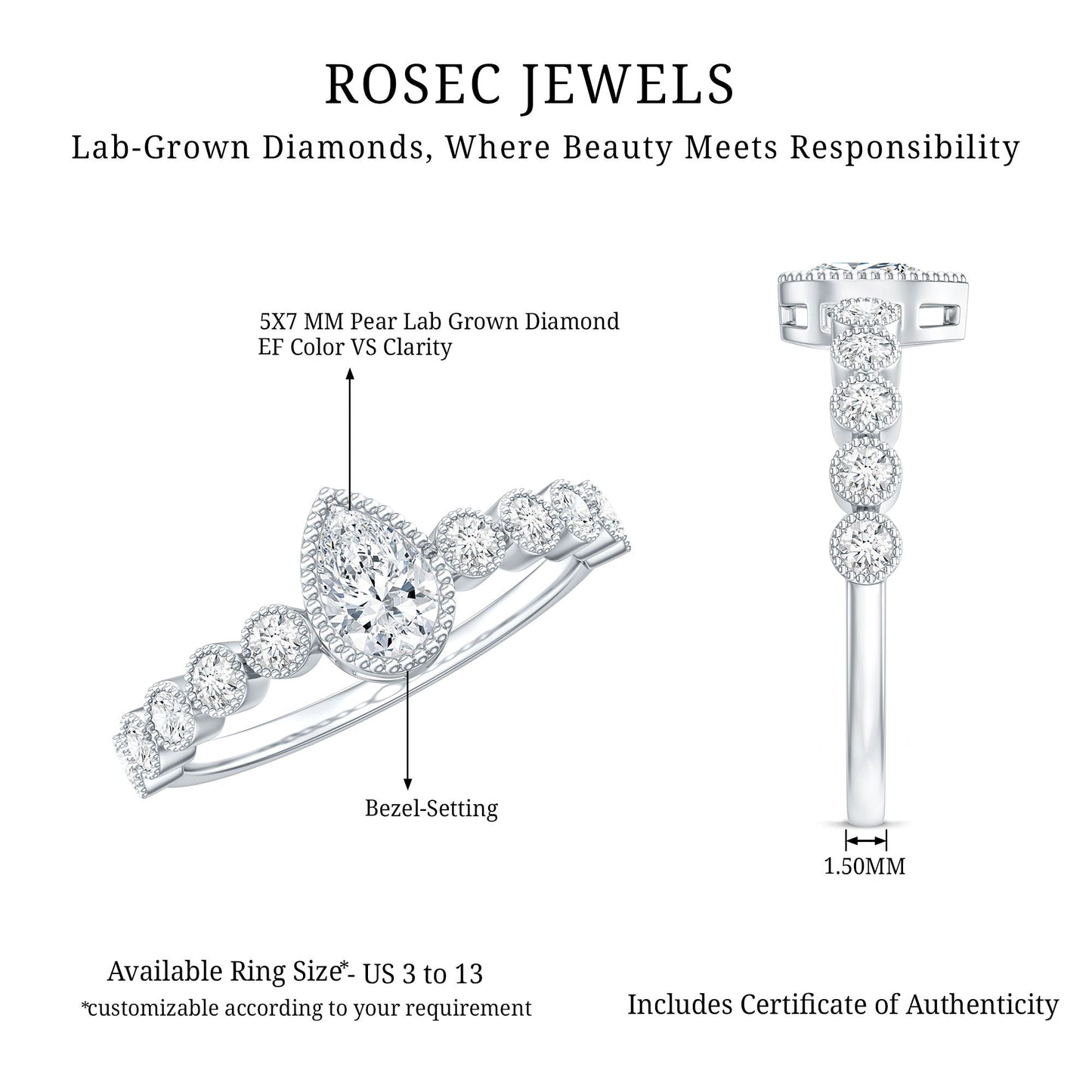 Lab Grown Diamond 0.6 Carat Pear Shaped Engagement Ring With Side Stones