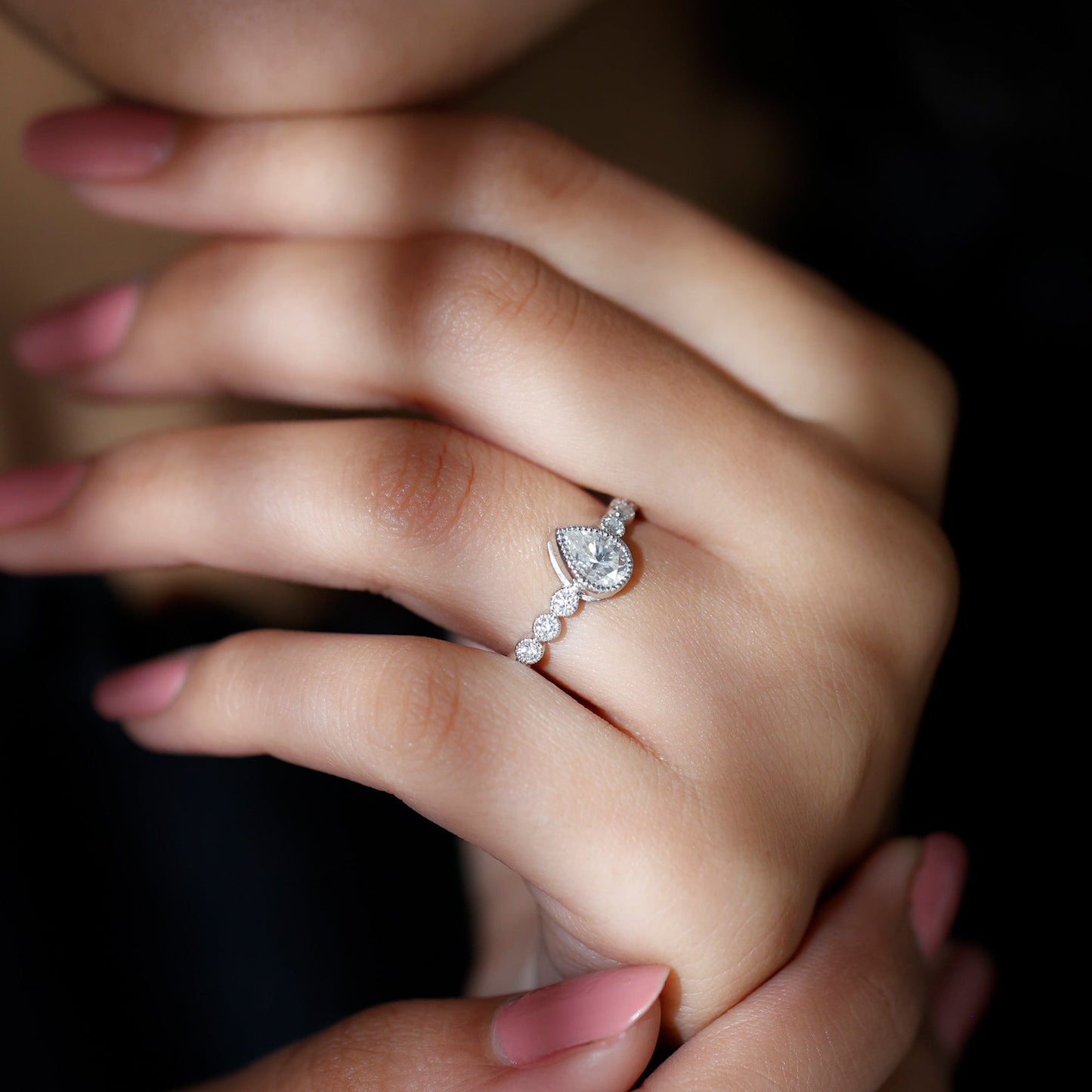 Lab Grown Diamond 0.6 Carat Pear Shaped Engagement Ring With Side Stones
