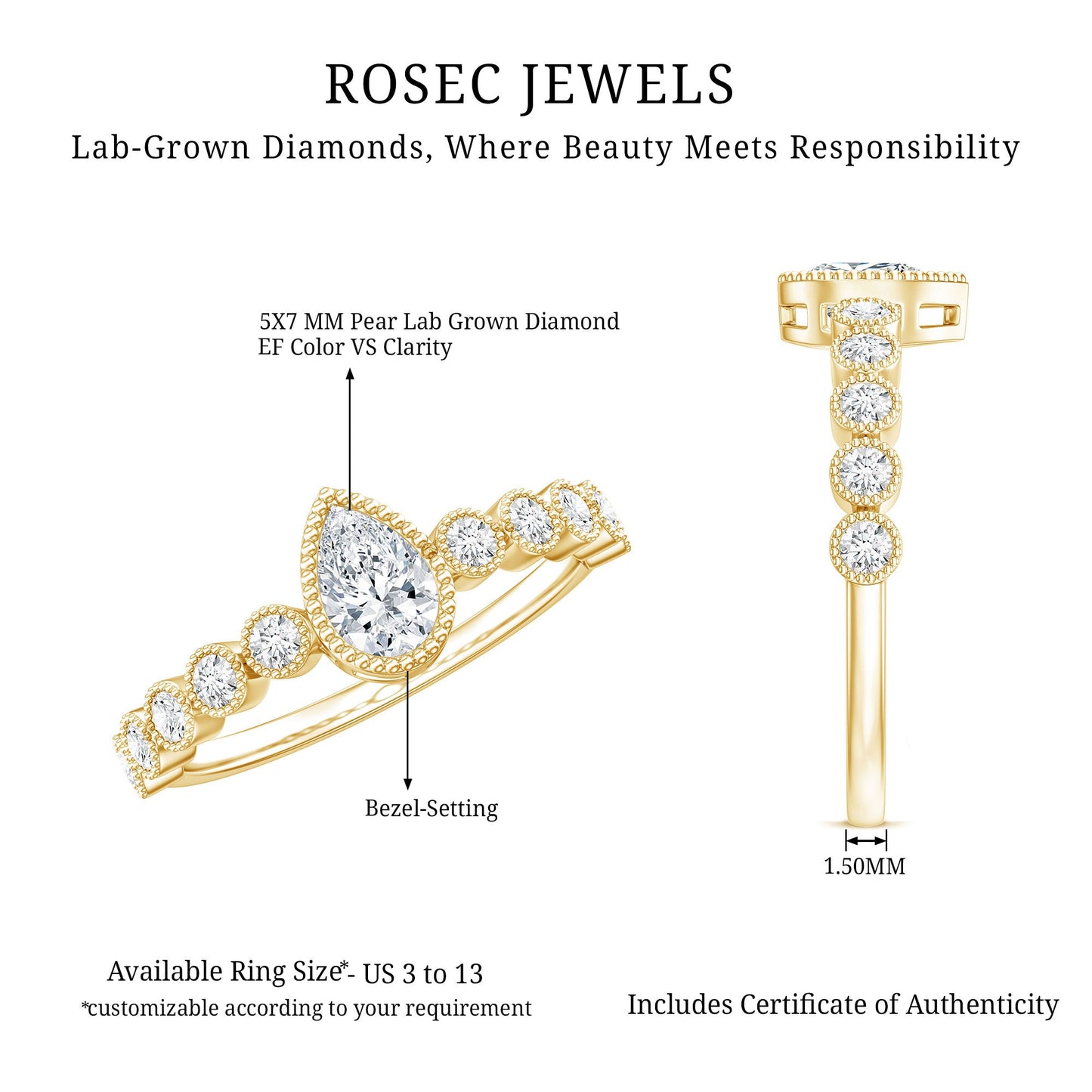 Lab Grown Diamond 0.6 Carat Pear Shaped Engagement Ring With Side Stones