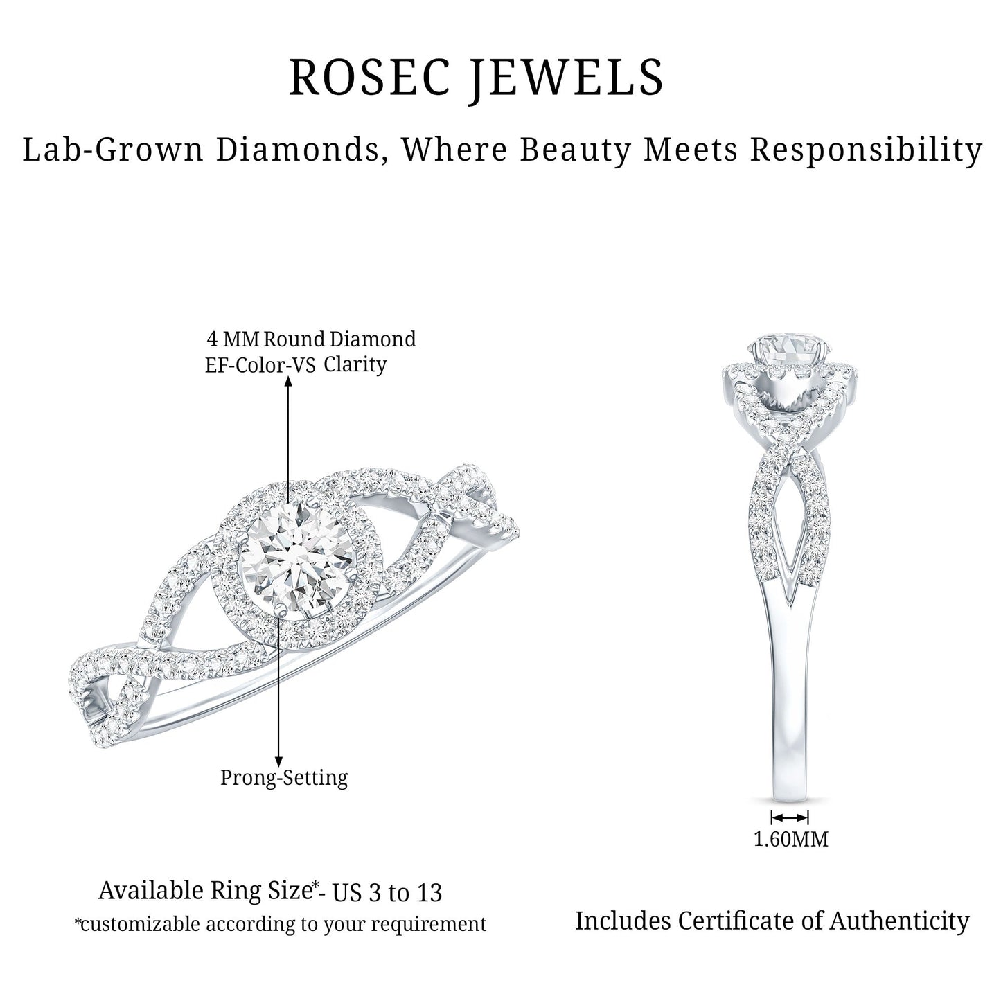 Certified Lab Grown Diamond Halo Criss Cross Engagement Ring