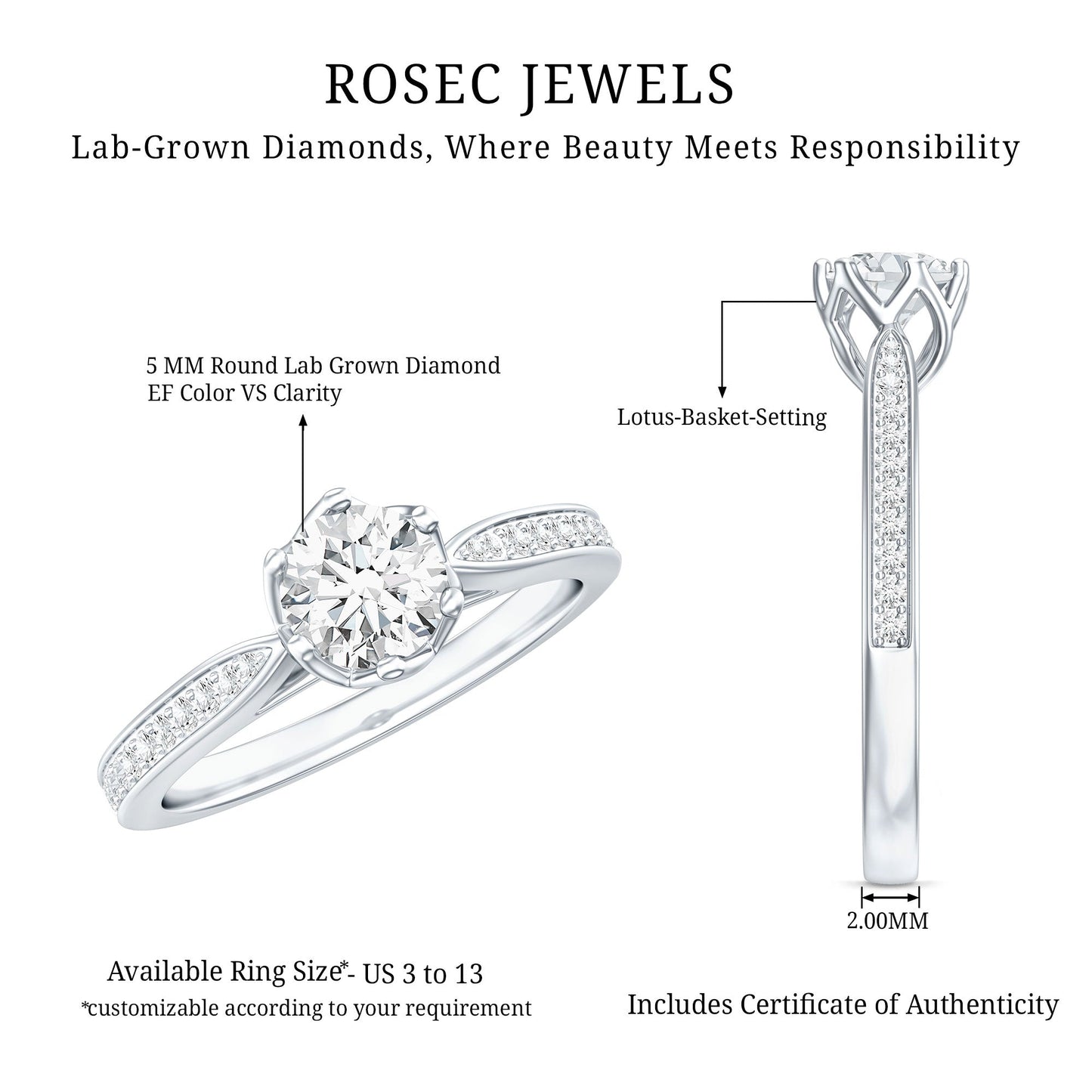 Lab Grown Diamond Solitaire Engagement Ring with Side Stones