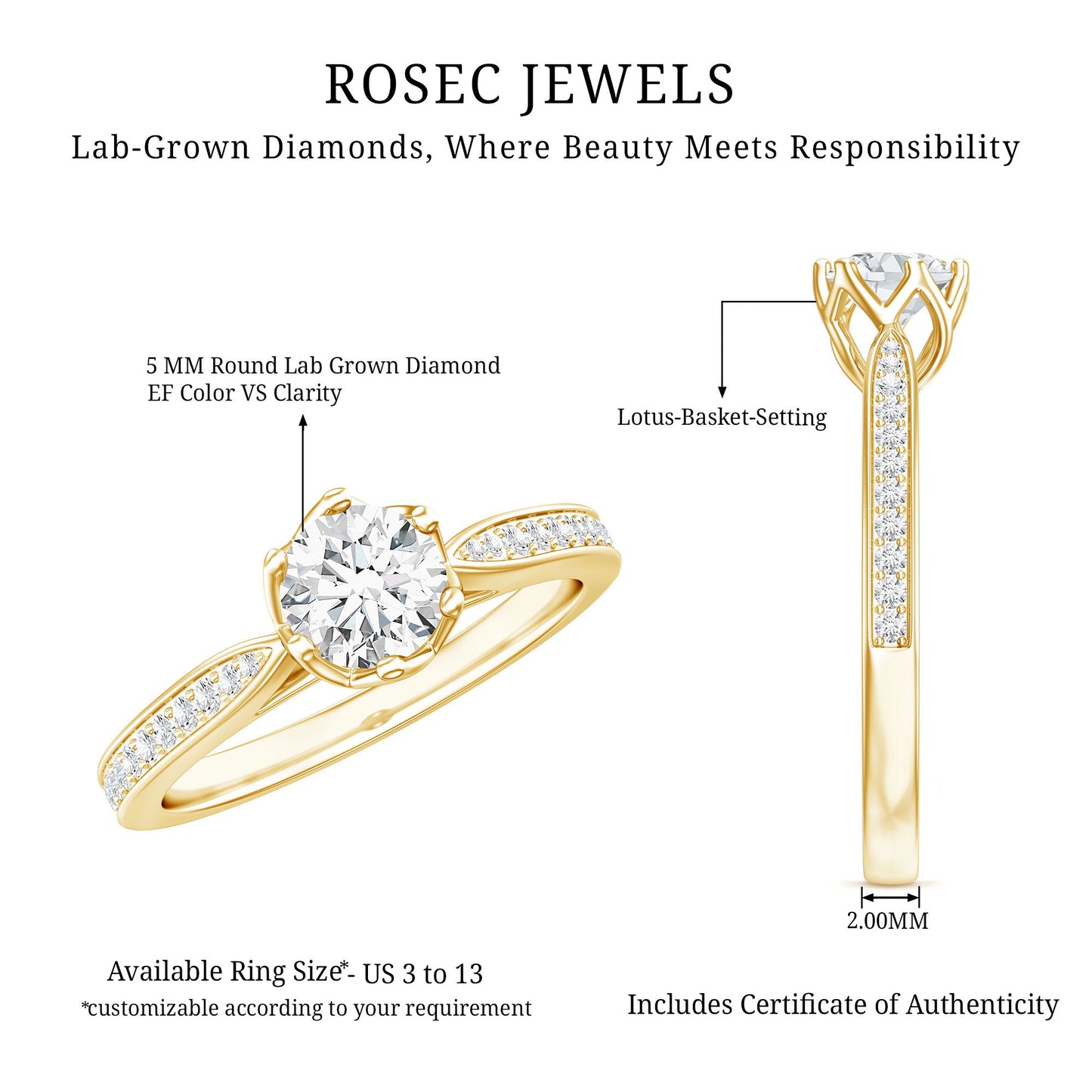 Lab Grown Diamond Solitaire Engagement Ring with Side Stones