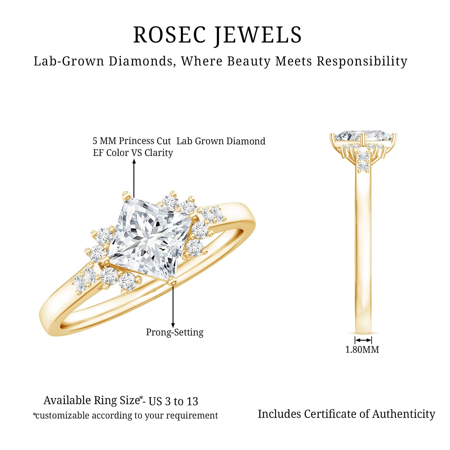 Certified 0.8 Carat Lab Grown Diamond Princess Cut Engagement Ring