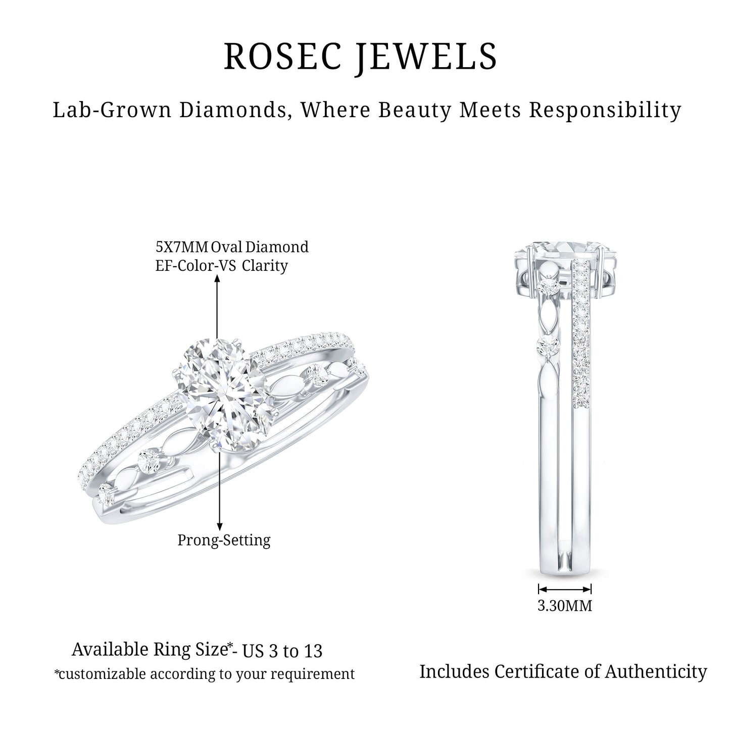 Lab Grown Diamond 0.75 Carat Oval Shaped Double Band Engagement Ring