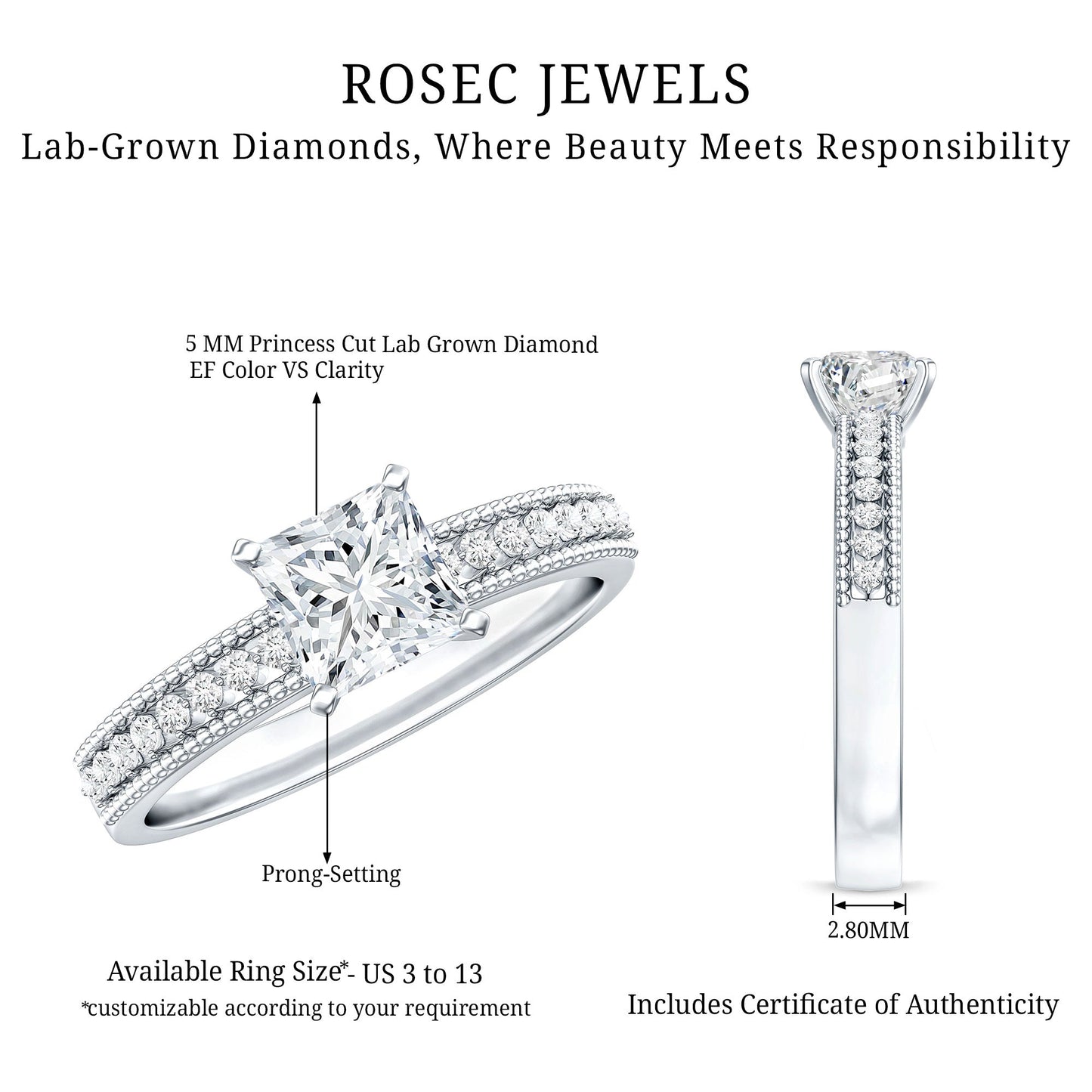 Certified 0.8 Carat Lab Grown Diamond Princess Cut Engagement Ring For Women
