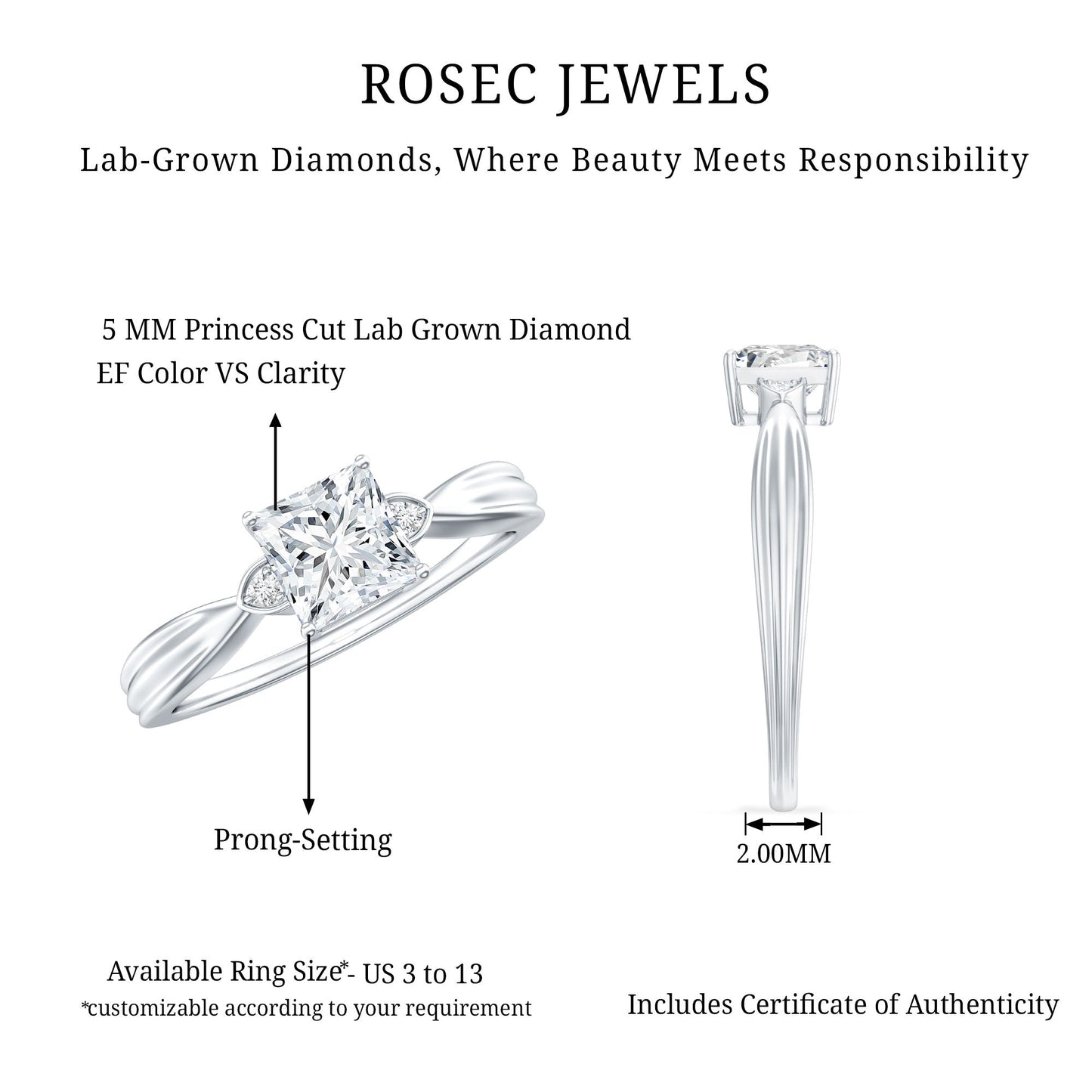 0.8 Carat Princess Cut Lab Grown Diamond Solitaire Promise Ring